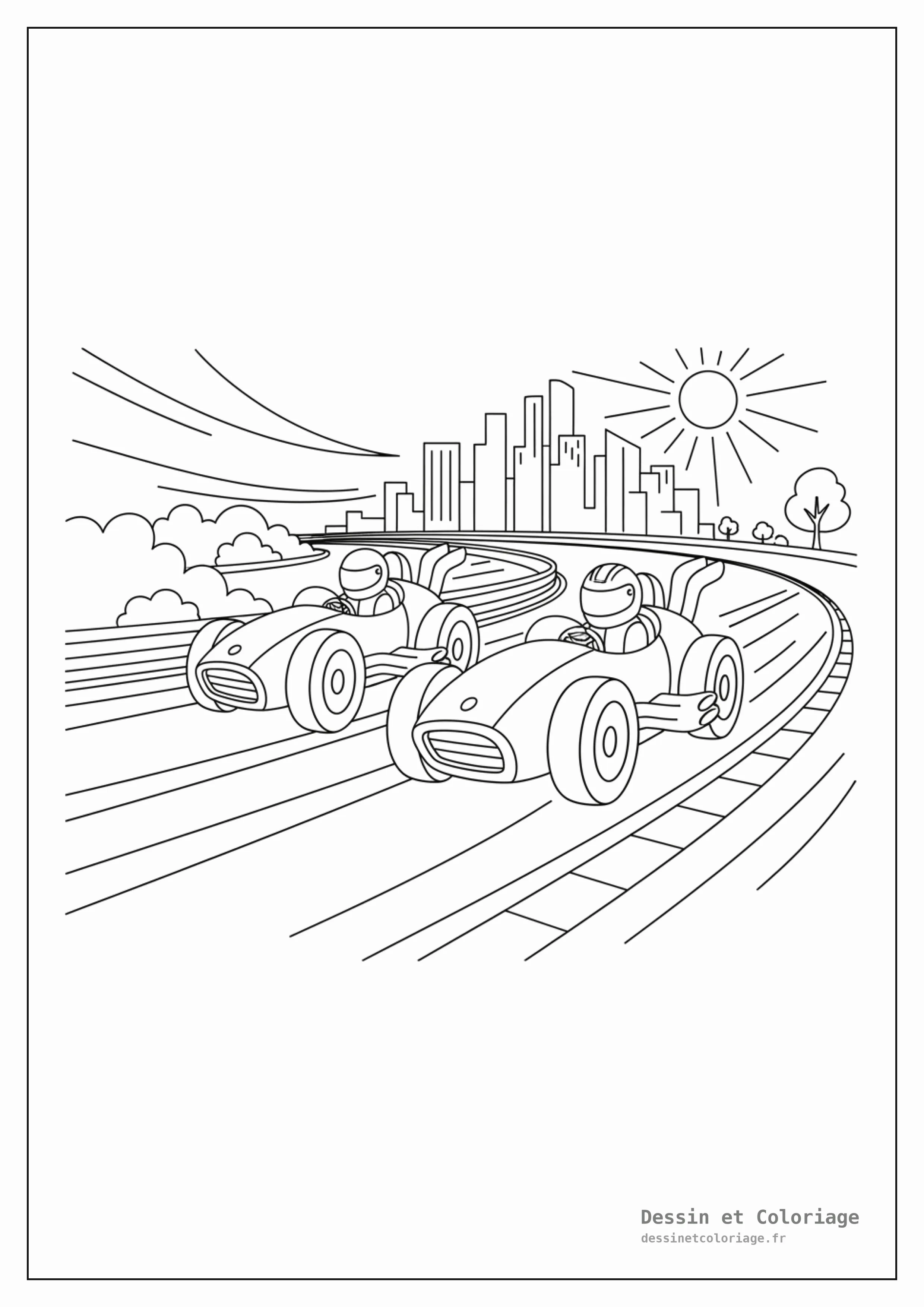 coloriage voiture de course — Deux voitures de course côte à côte sur une large piste, l'une légèrement devant l'autre, dans une composition dynamique.