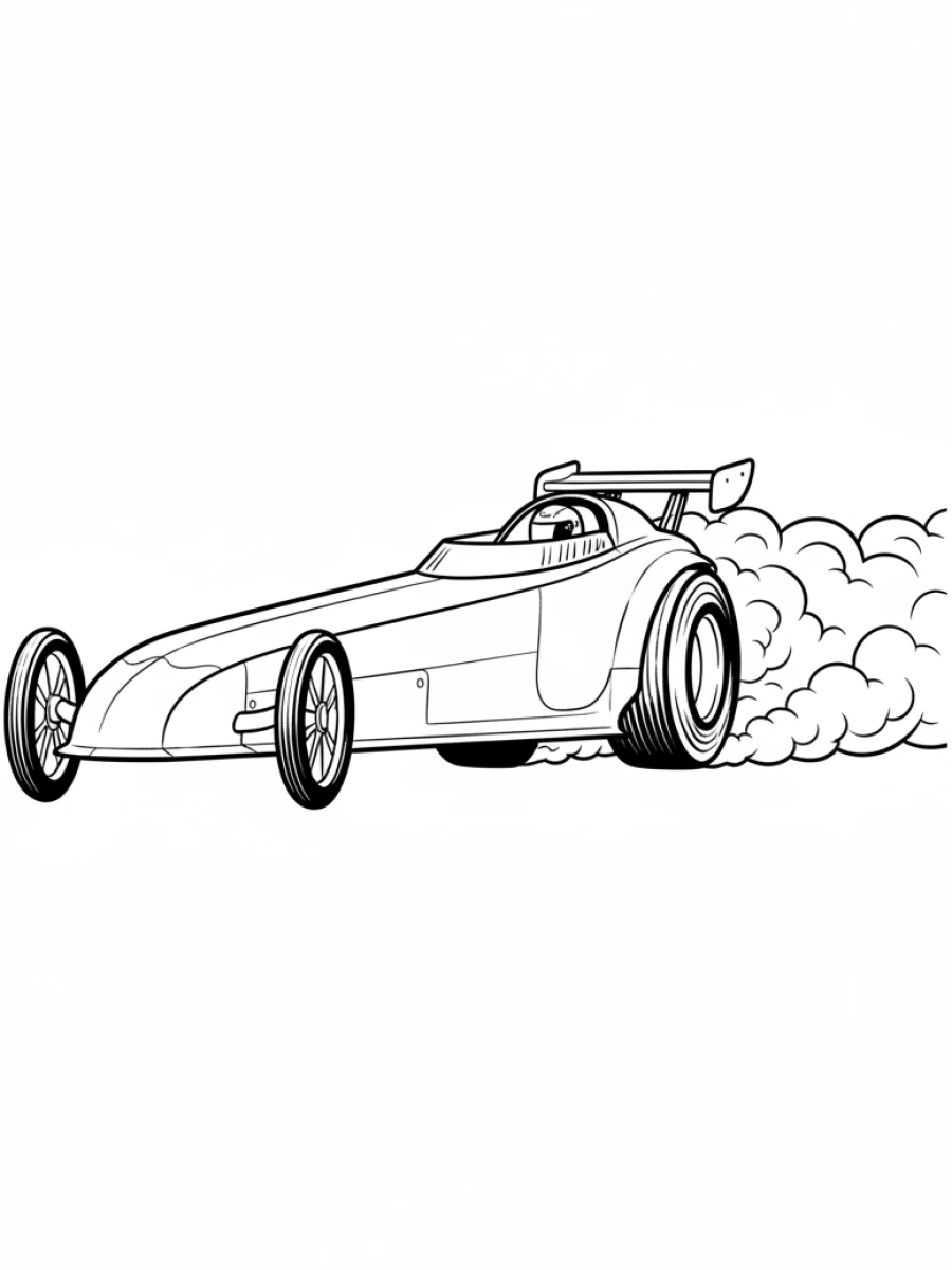 coloriage voiture de course — Dragster au début d'une course, avec une carrosserie allongée et d'énormes pneus arrière, de la fumée d'accélération.