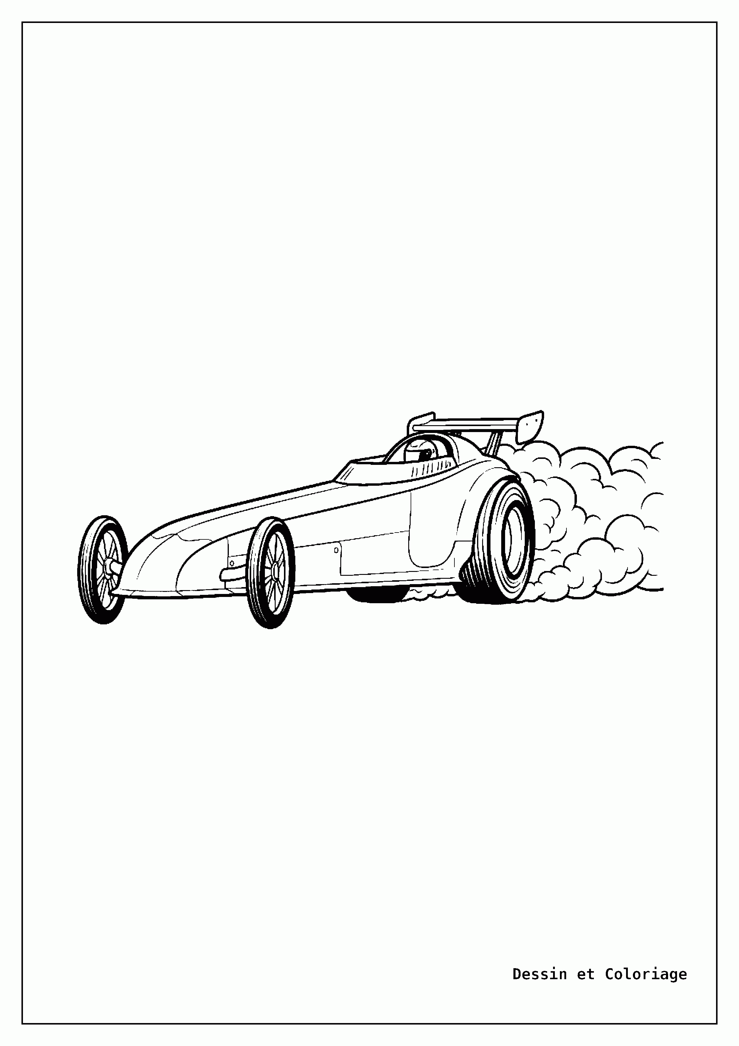 coloriage voiture de course — Dragster au début d'une course, avec une carrosserie allongée et d'énormes pneus arrière, de la fumée d'accélération.