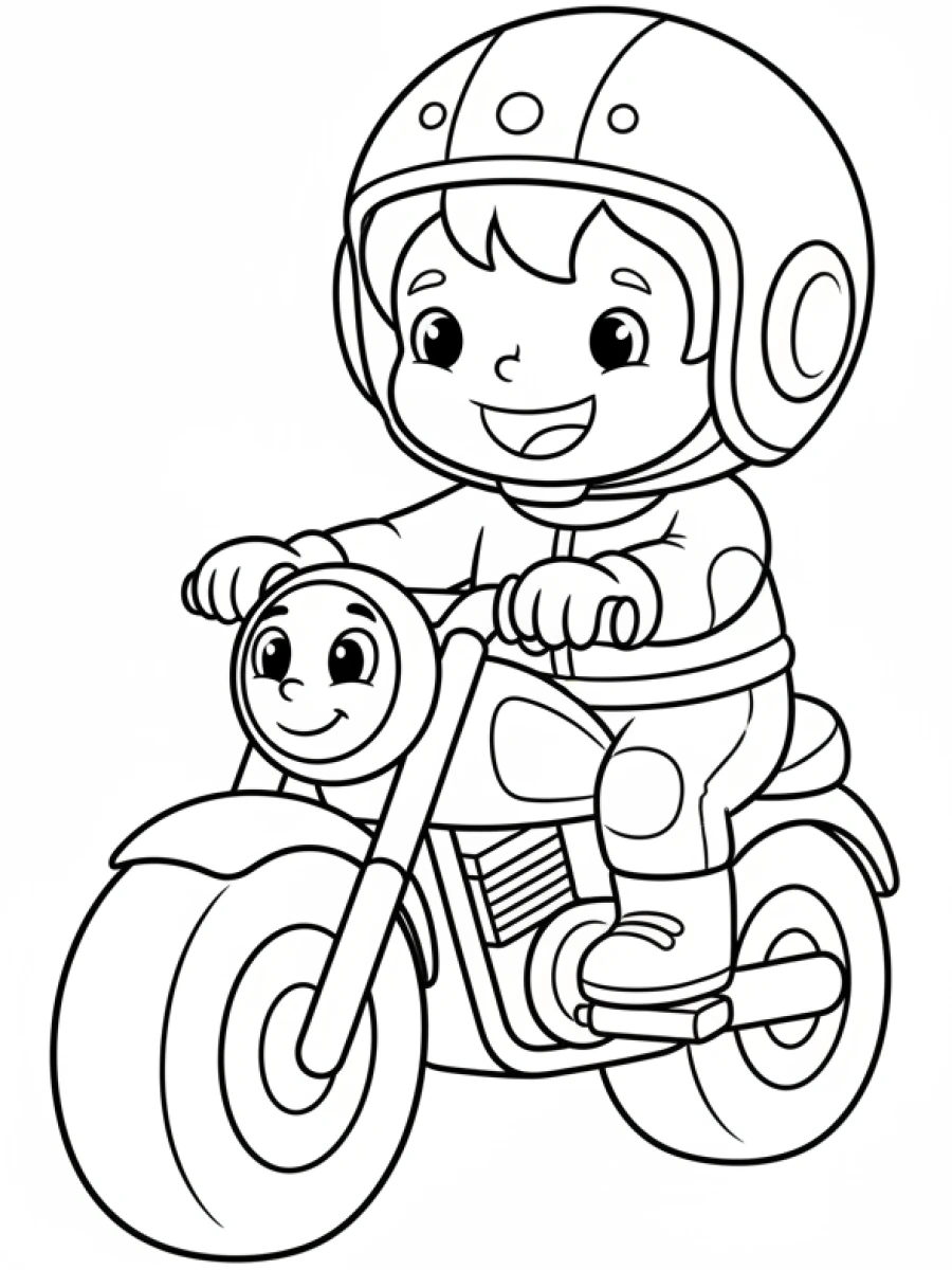 coloriage moto — Un jeune enfant avec un casque conduit une moto simplifiée.