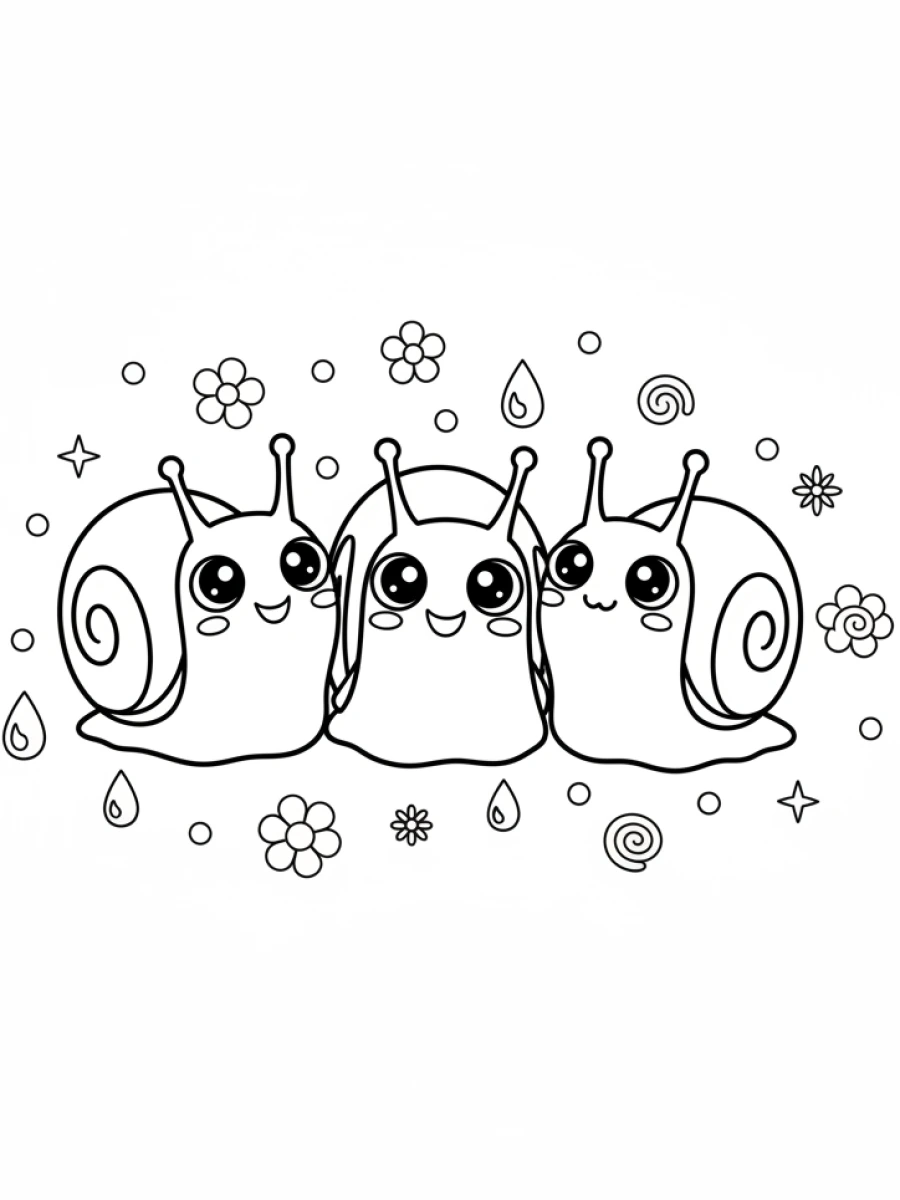 Coloriage Animaux Kawaii — Trois escargots kawaii explorent des fleurs et des gouttes de rosée.