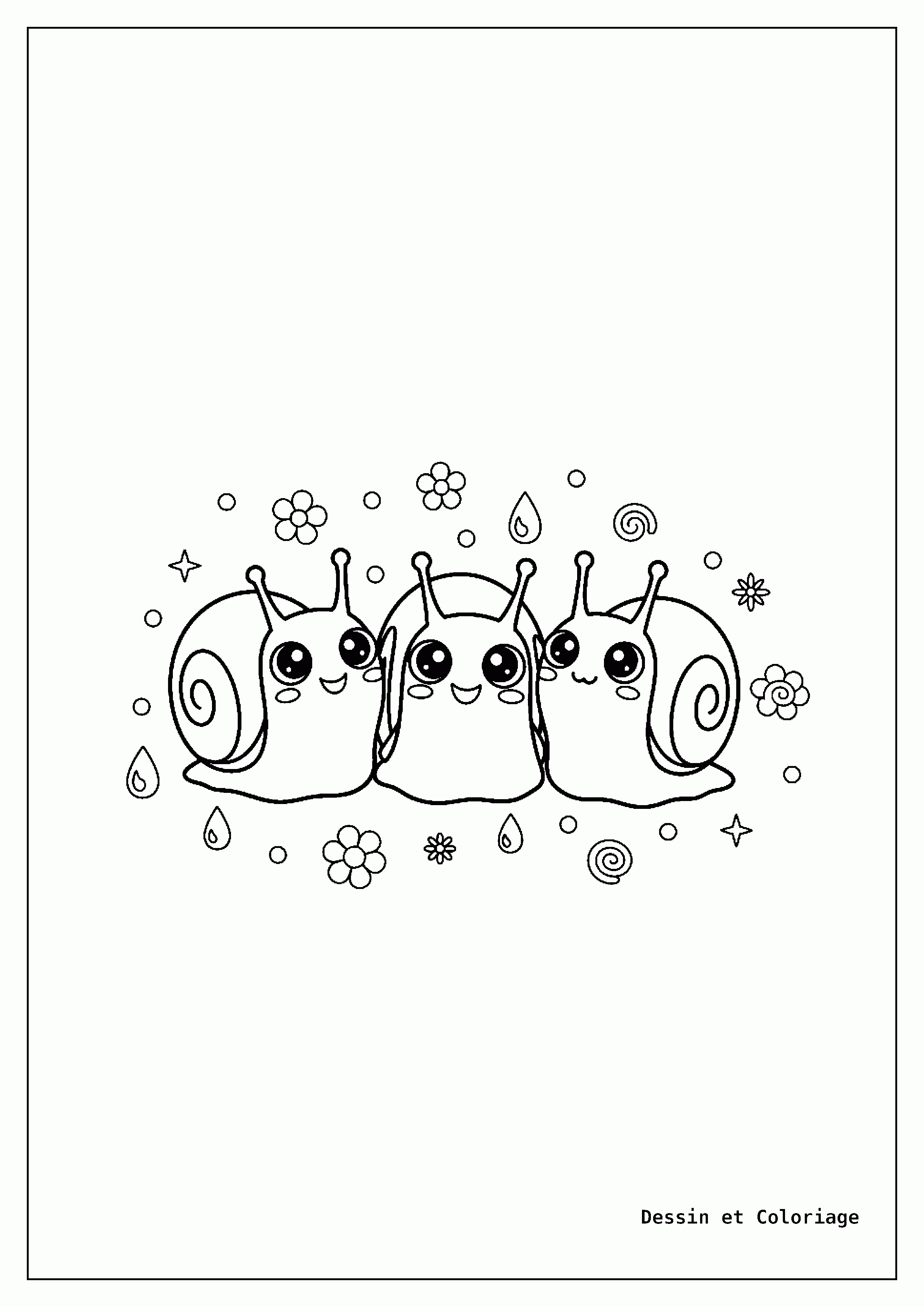 Coloriage Animaux Kawaii — Trois escargots kawaii explorent des fleurs et des gouttes de rosée.