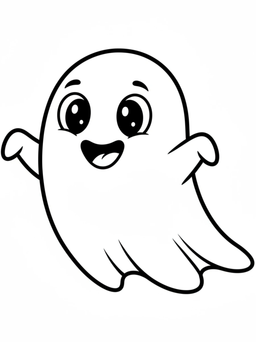 coloriage kawaii facile — Un petit fantôme rigolo avec un sourire joyeux et de grands yeux espiègles, flottant dans l'air.