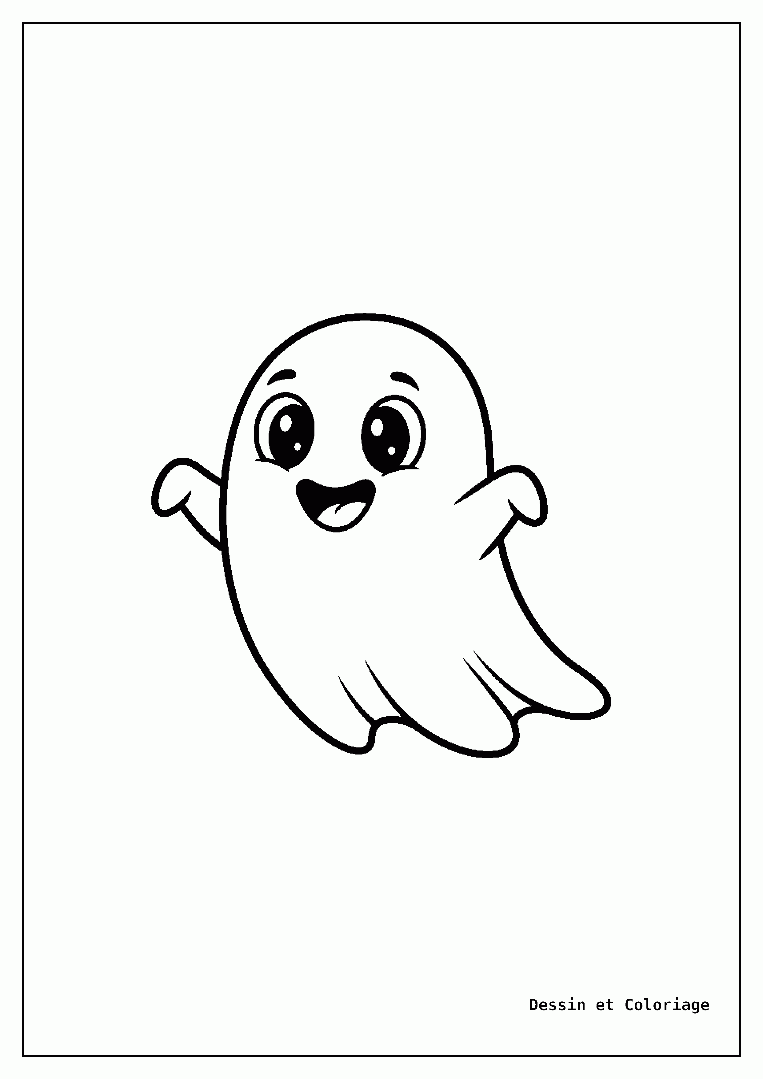 coloriage kawaii facile — Un petit fantôme rigolo avec un sourire joyeux et de grands yeux espiègles, flottant dans l'air.
