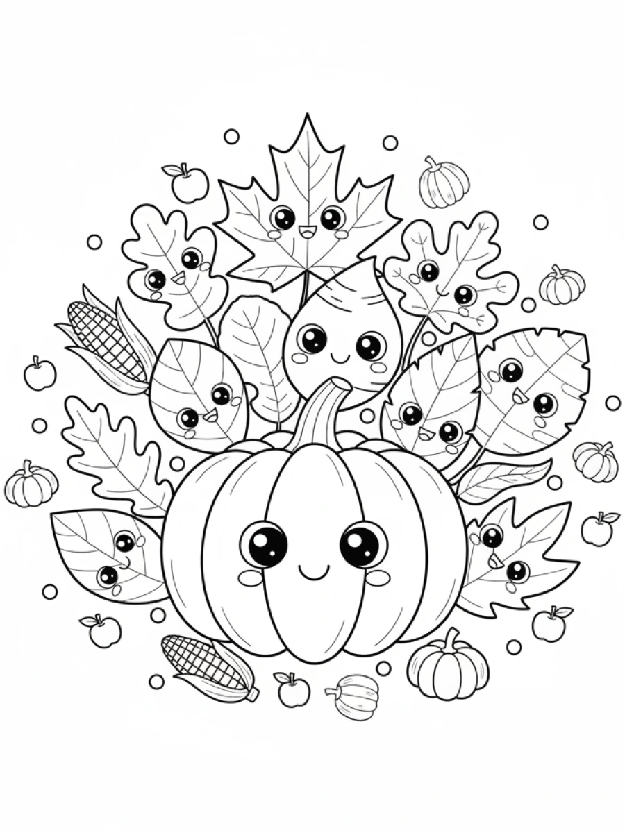 Coloriage feuilles et citrouille joyeuse