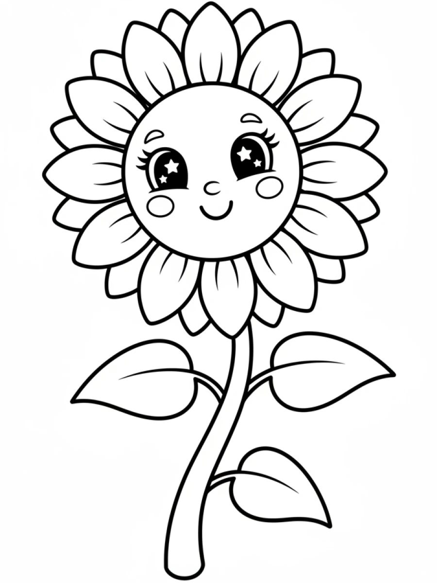 coloriage kawaii facile — Une fleur de tournesol avec un visage amical et des yeux pétillants, tournée vers le soleil.