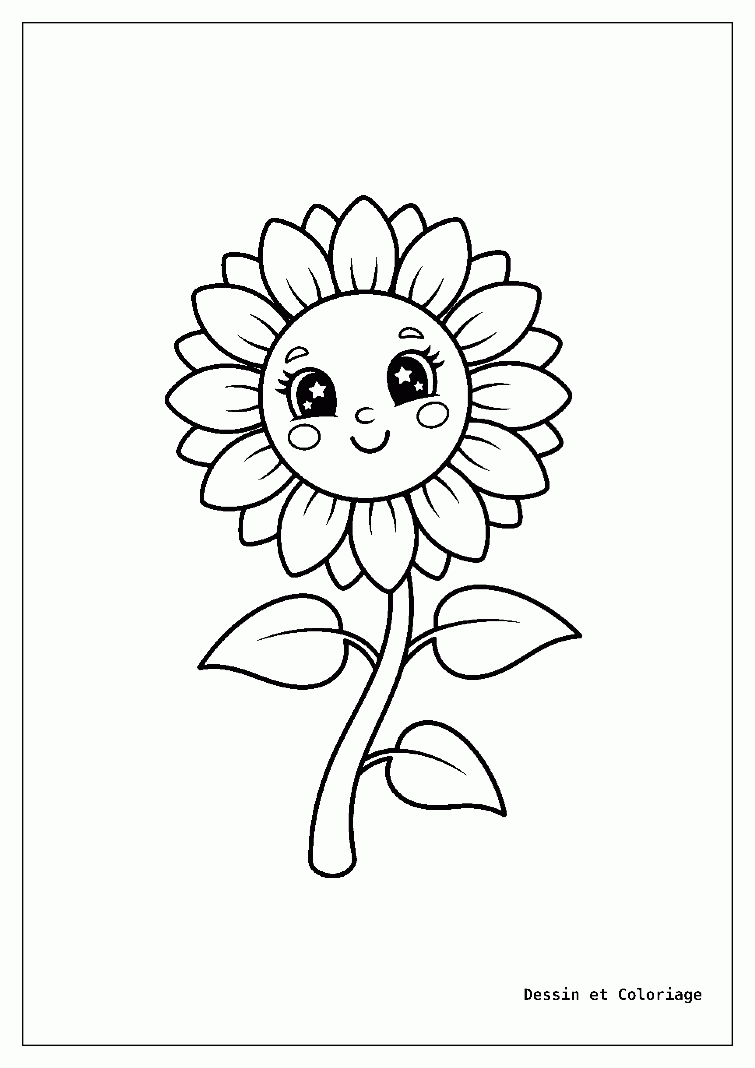 coloriage kawaii facile — Une fleur de tournesol avec un visage amical et des yeux pétillants, tournée vers le soleil.