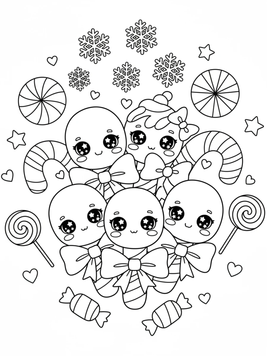 coloriage kawaii noël — Un ensemble de sucres d'orge kawaii entrelacés, décorés de rubans et de petits bonbons.