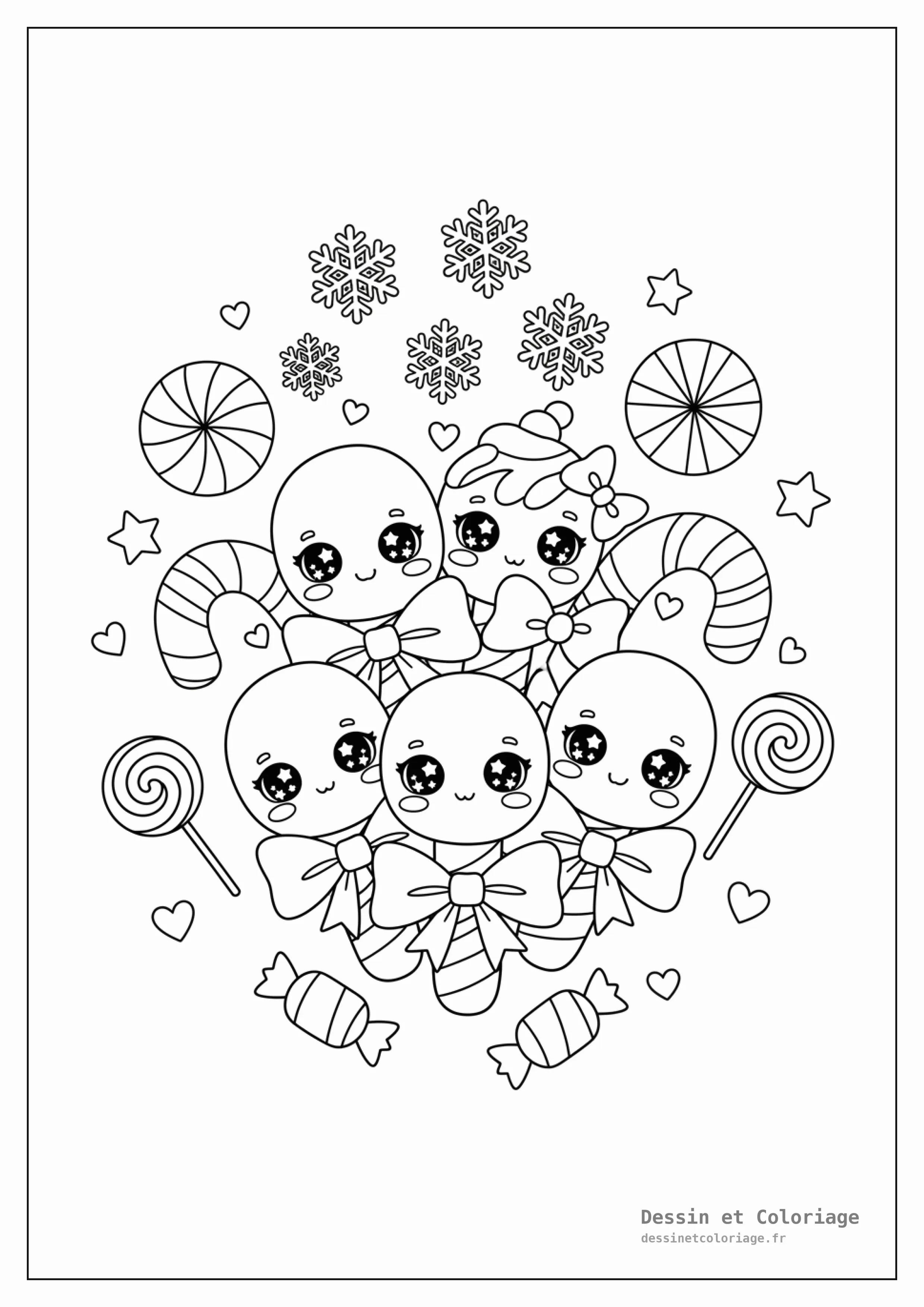 coloriage kawaii noël — Un ensemble de sucres d'orge kawaii entrelacés, décorés de rubans et de petits bonbons.