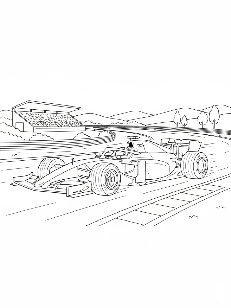 coloriage voiture de course — Voiture de Formule 1 lancée à pleine vitesse sur une piste, avec des détails des ailerons et des pneus.