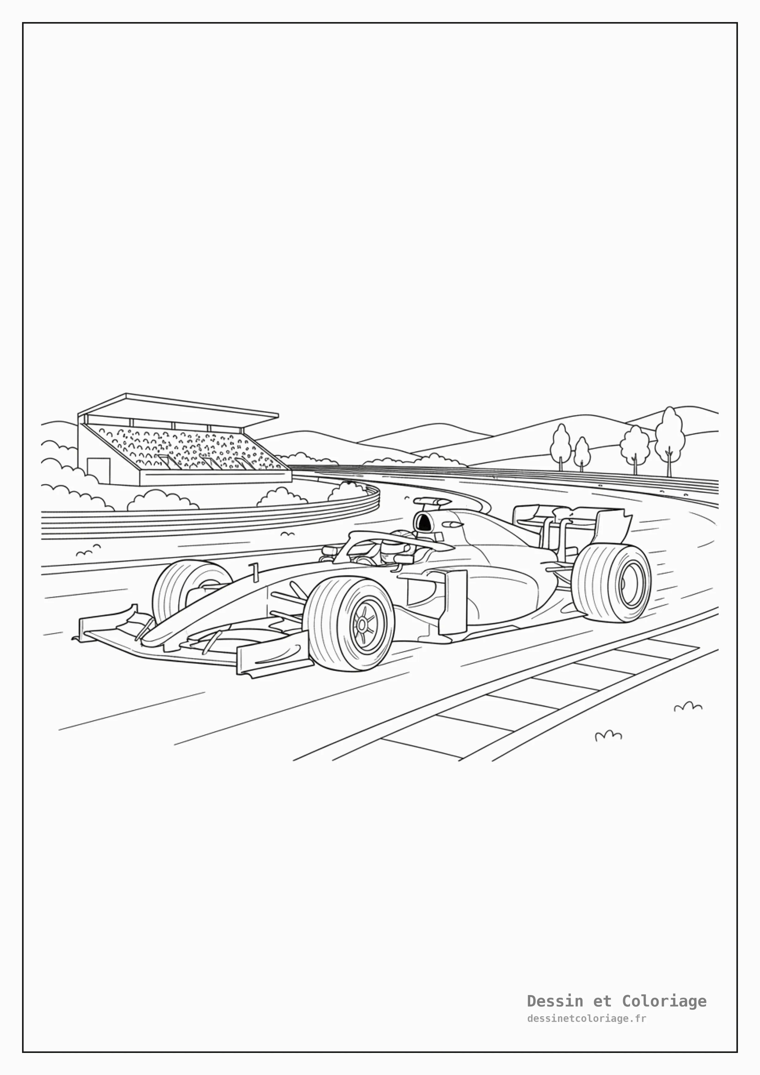coloriage voiture de course — Voiture de Formule 1 lancée à pleine vitesse sur une piste, avec des détails des ailerons et des pneus.