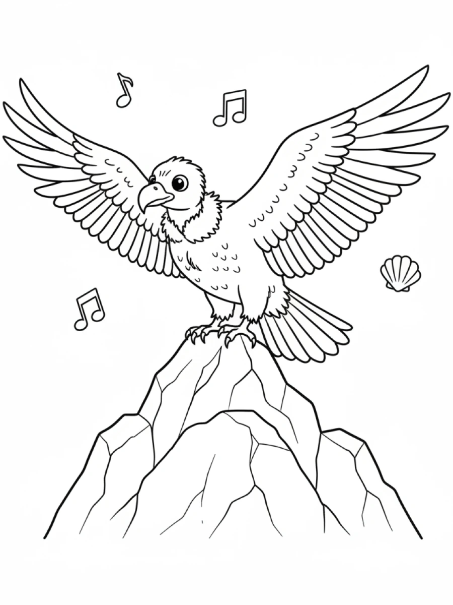 coloriage oiseau — Un gypaète barbu perché sur un sommet rocheux de montagne, les ailes légèrement déployées.