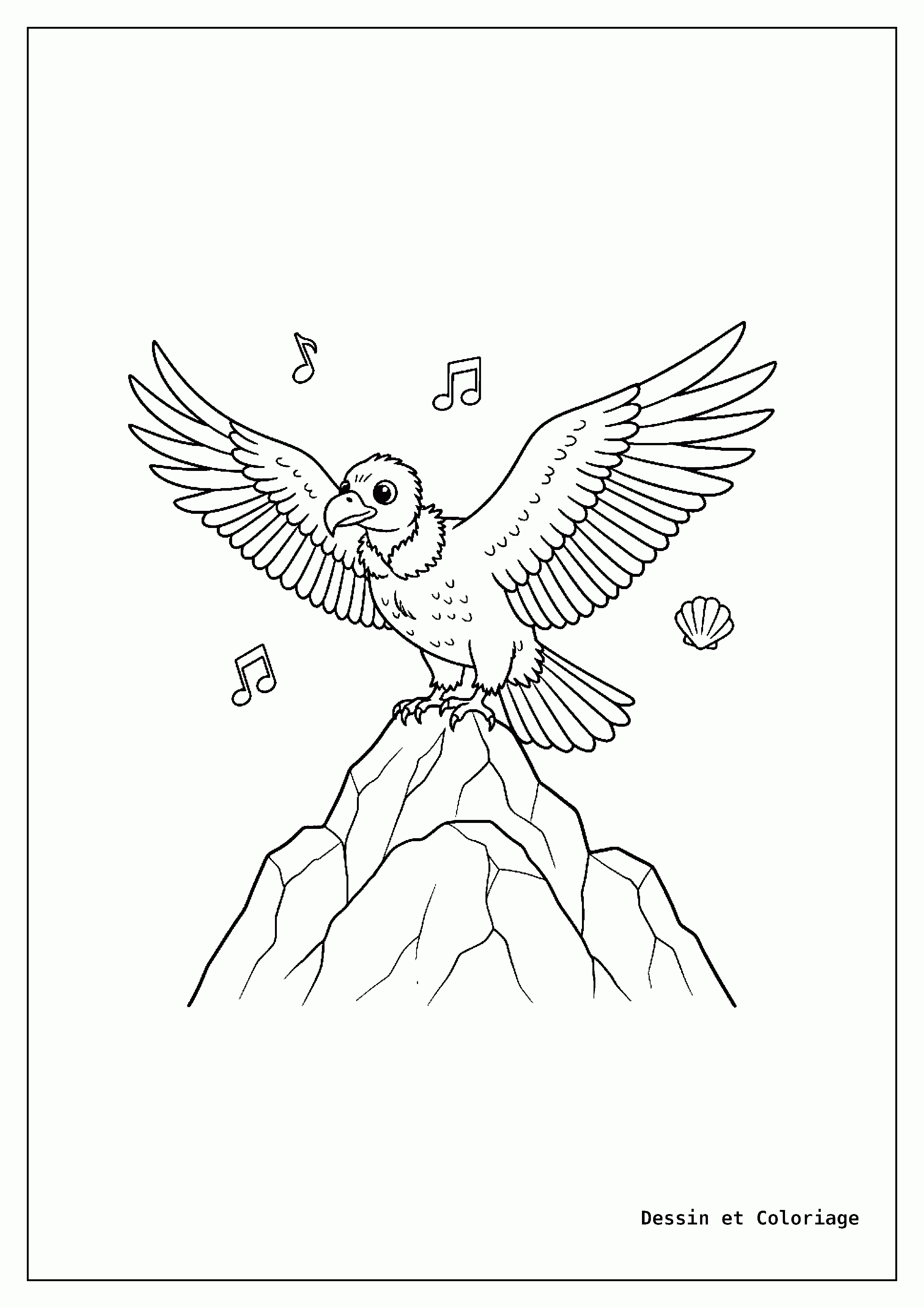 coloriage oiseau — Un gypaète barbu perché sur un sommet rocheux de montagne, les ailes légèrement déployées.