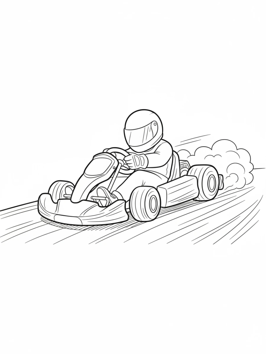 coloriage voiture de course — Karting prenant un virage serré, très bas au sol, avec un pilote portant un casque.