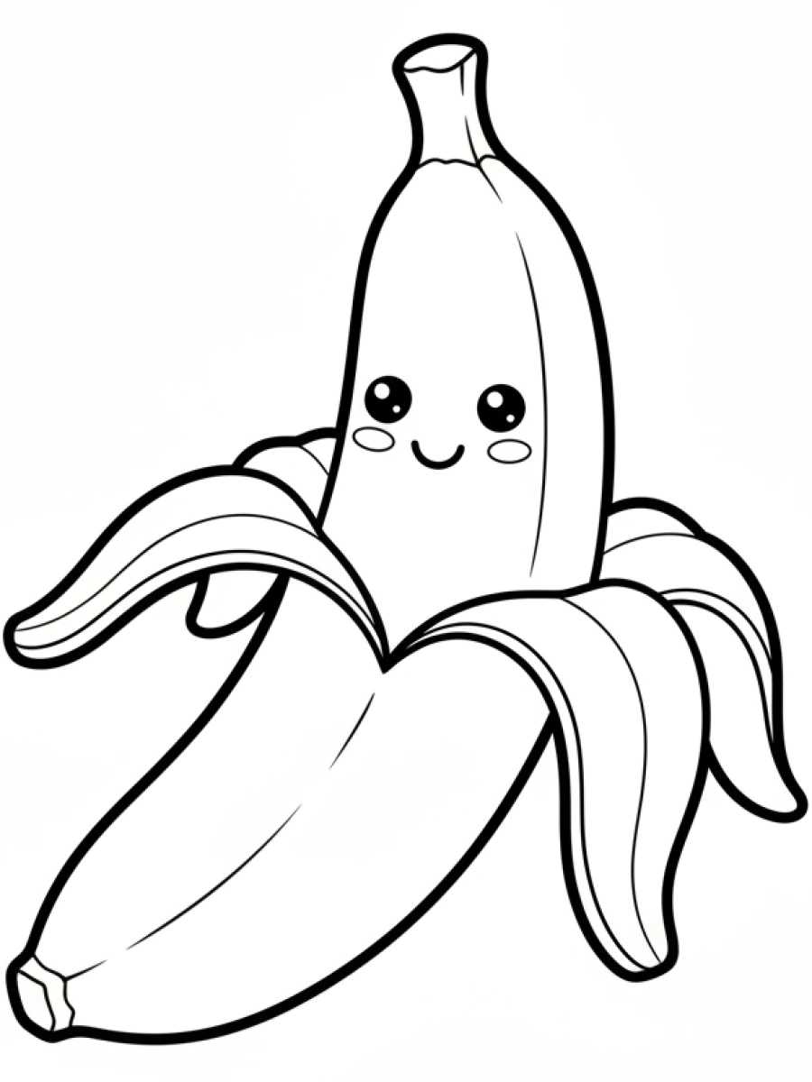 coloriage kawaii facile — Une banane kawaii joyeuse, partiellement pelée, avec un visage amical.