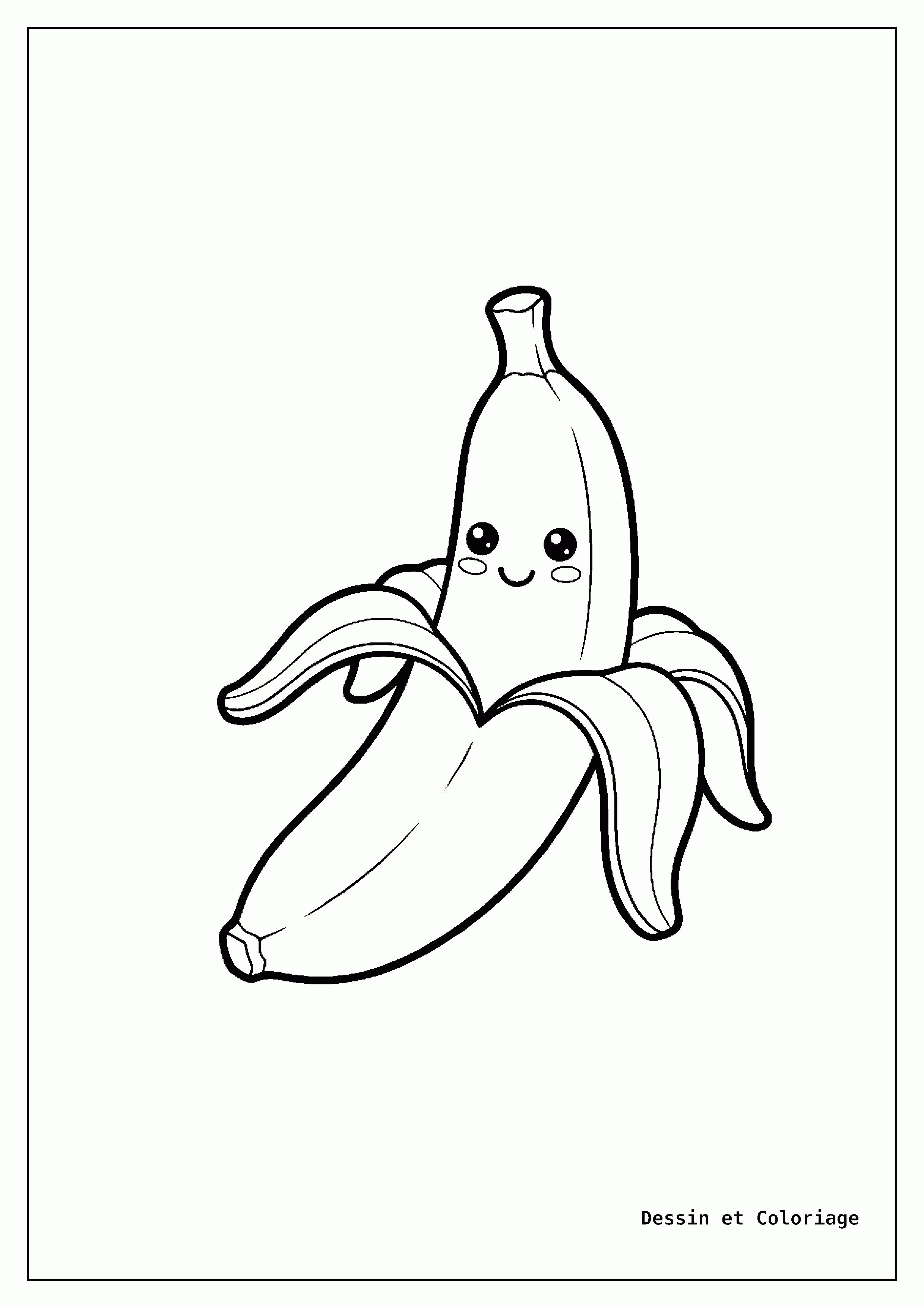 coloriage kawaii facile — Une banane kawaii joyeuse, partiellement pelée, avec un visage amical.