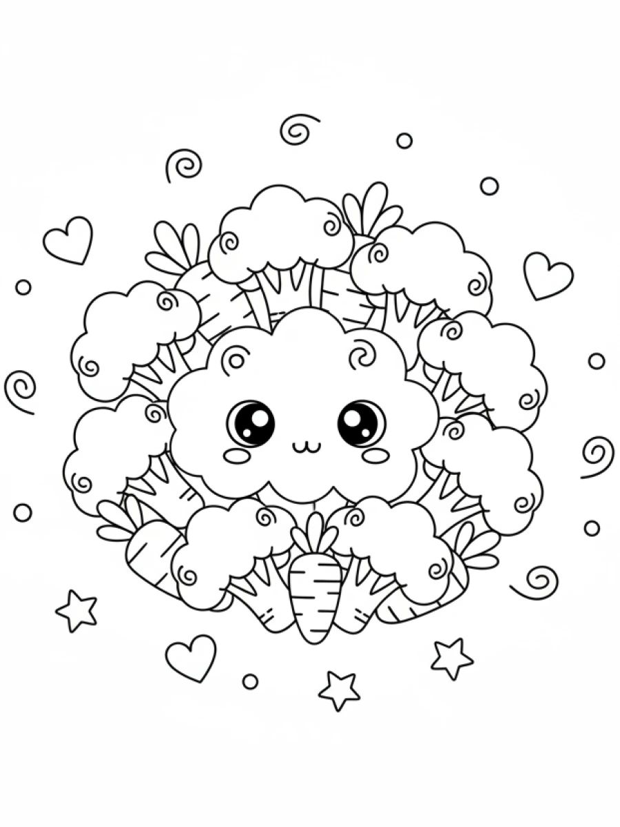 coloriage kawaii nourriture — Plusieurs brocolis et carottes kawaii avec des visages amicaux, des feuilles vertes et des détails simples, parsemés de cœurs.