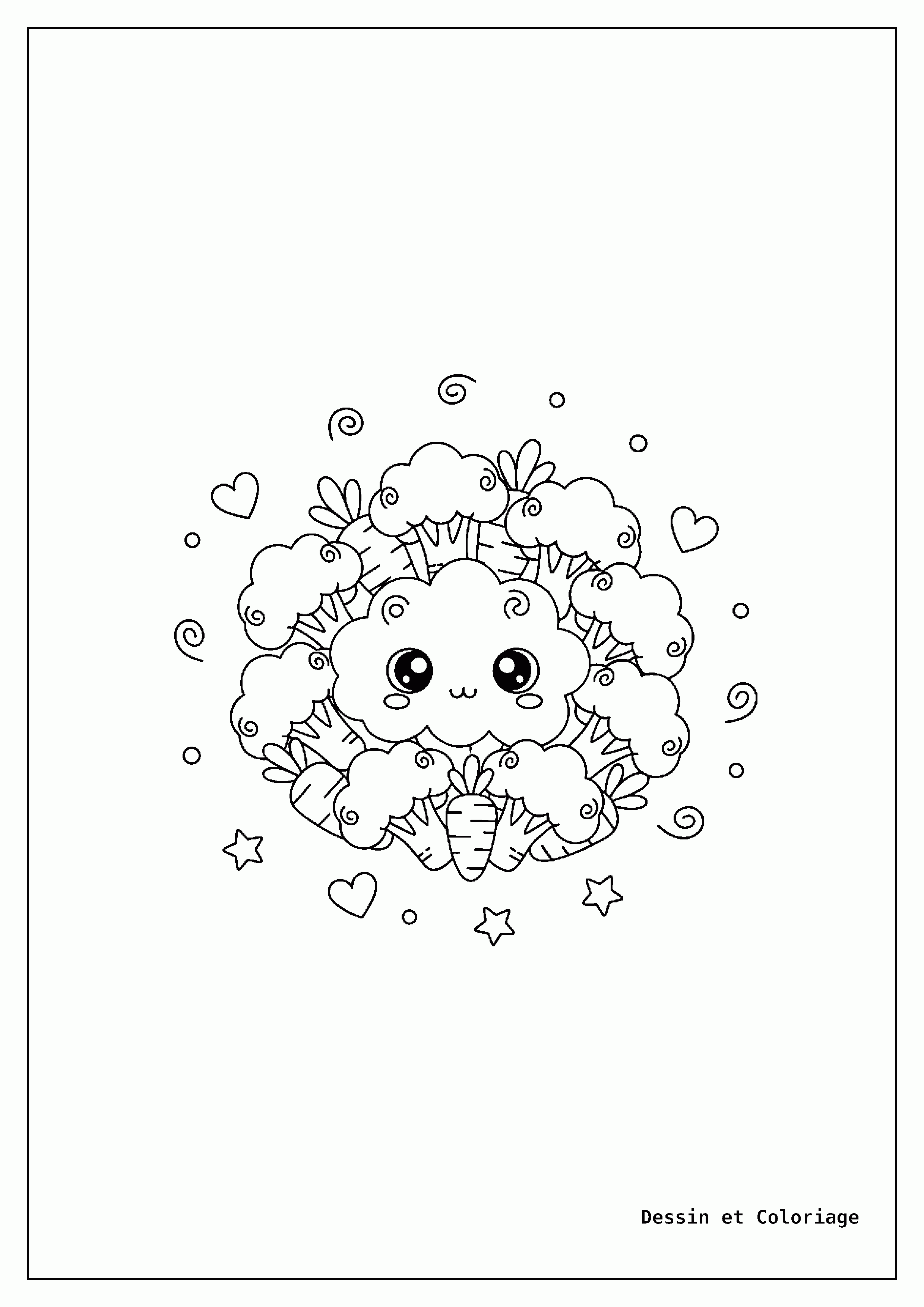 coloriage kawaii nourriture — Plusieurs brocolis et carottes kawaii avec des visages amicaux, des feuilles vertes et des détails simples, parsemés de cœurs.