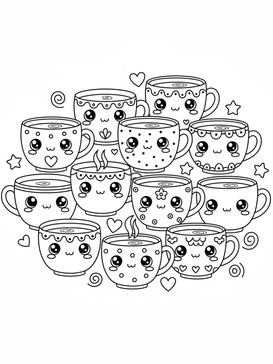 coloriage kawaii nourriture — Un assortiment de tasses de café et de thé kawaii, avec de la vapeur souriante, des cœurs et des motifs décoratifs.