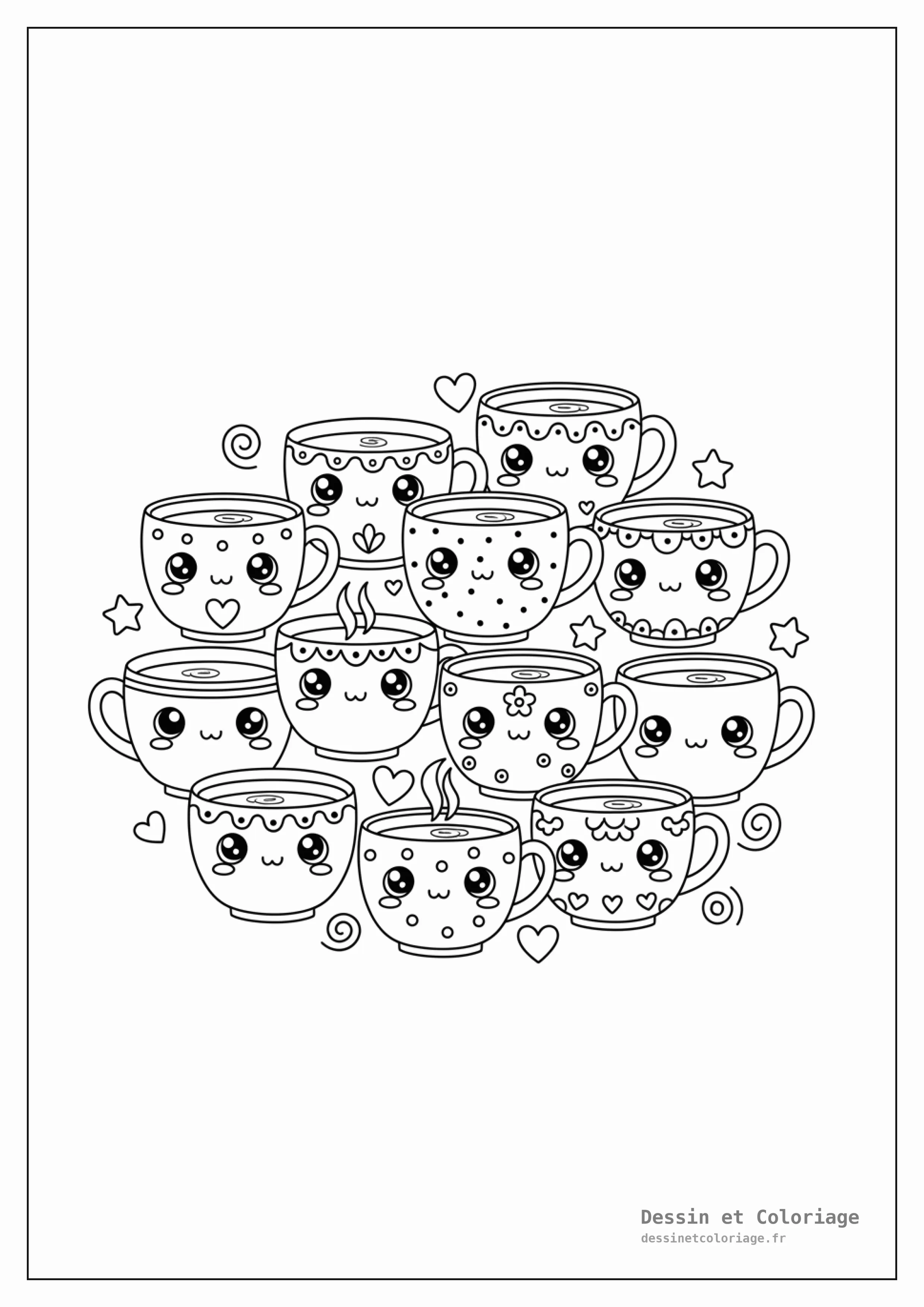 coloriage kawaii nourriture — Un assortiment de tasses de café et de thé kawaii, avec de la vapeur souriante, des cœurs et des motifs décoratifs.