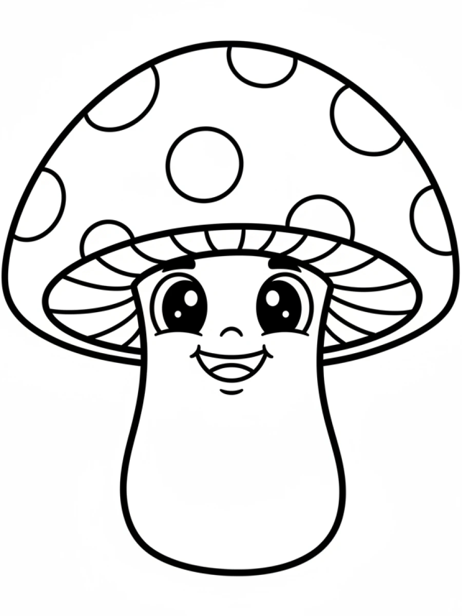 coloriage kawaii facile — Un champignon kawaii souriant avec un chapeau à pois et de petits yeux.