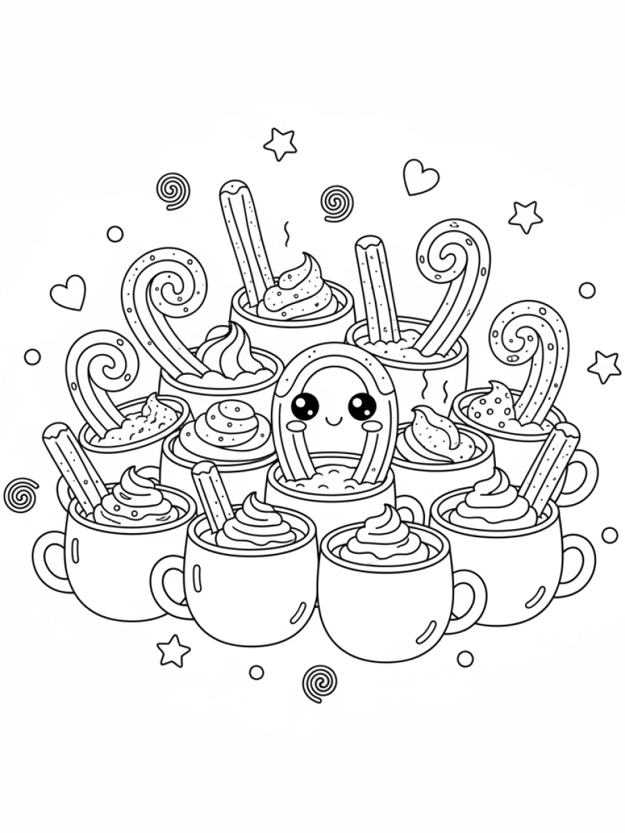 coloriage kawaii nourriture — Un ensemble de churros et tasses de chocolat chaud kawaii, avec des sourires, de la chantilly et des pépites, entourés d'étoiles filantes.