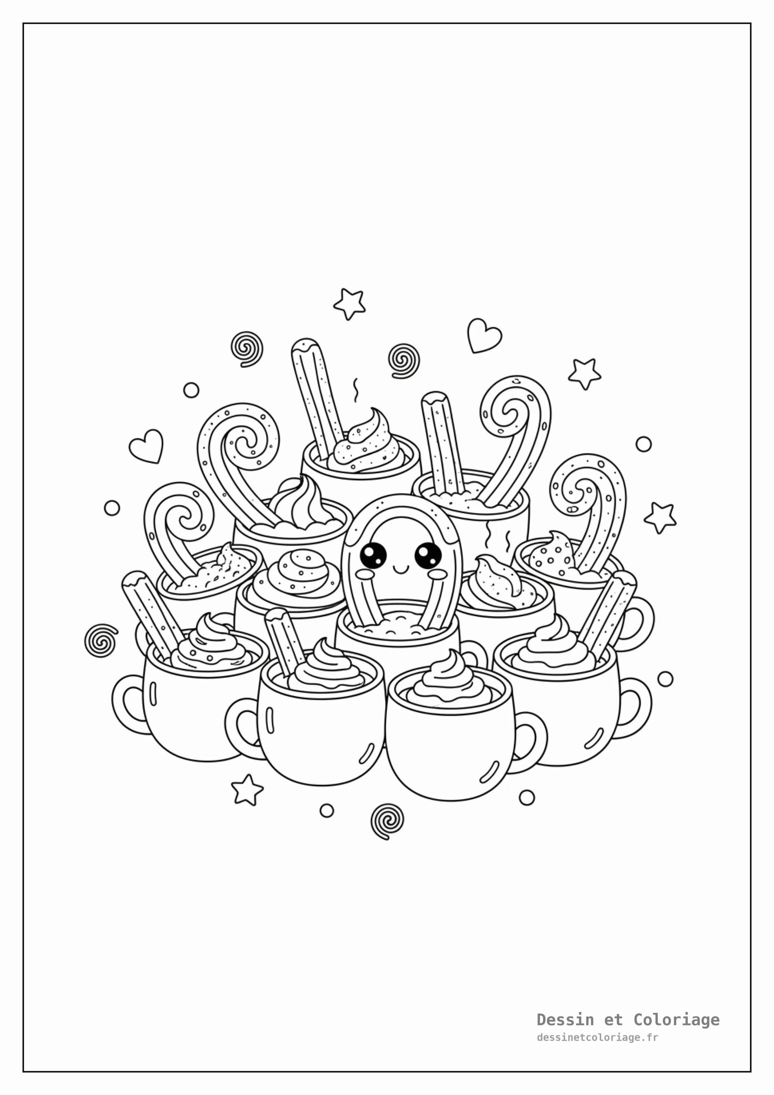 coloriage kawaii nourriture — Un ensemble de churros et tasses de chocolat chaud kawaii, avec des sourires, de la chantilly et des pépites, entourés d'étoiles filantes.