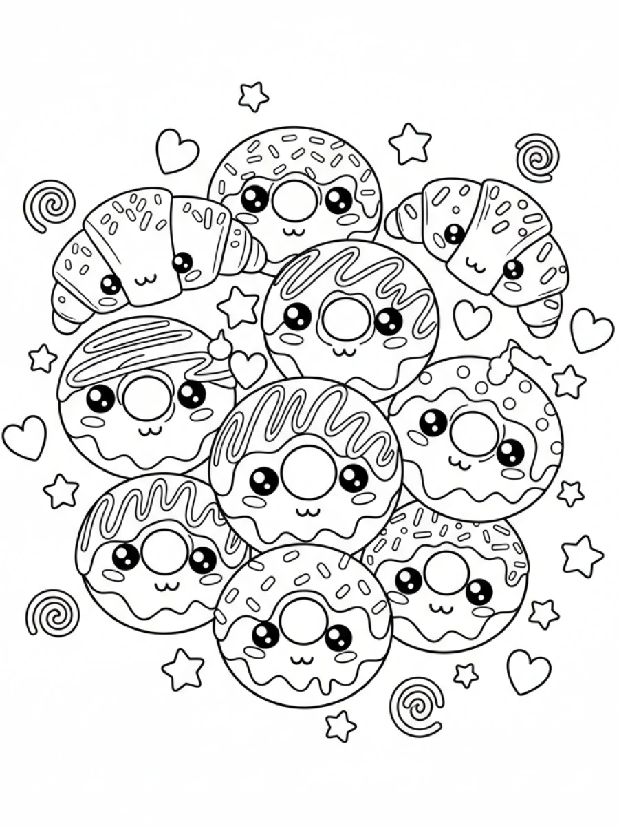 coloriage kawaii nourriture — Collection de donuts et croissants kawaii, avec des glaçages multicolores, des pépites et des yeux joyeux, flottant parmi des cœurs.