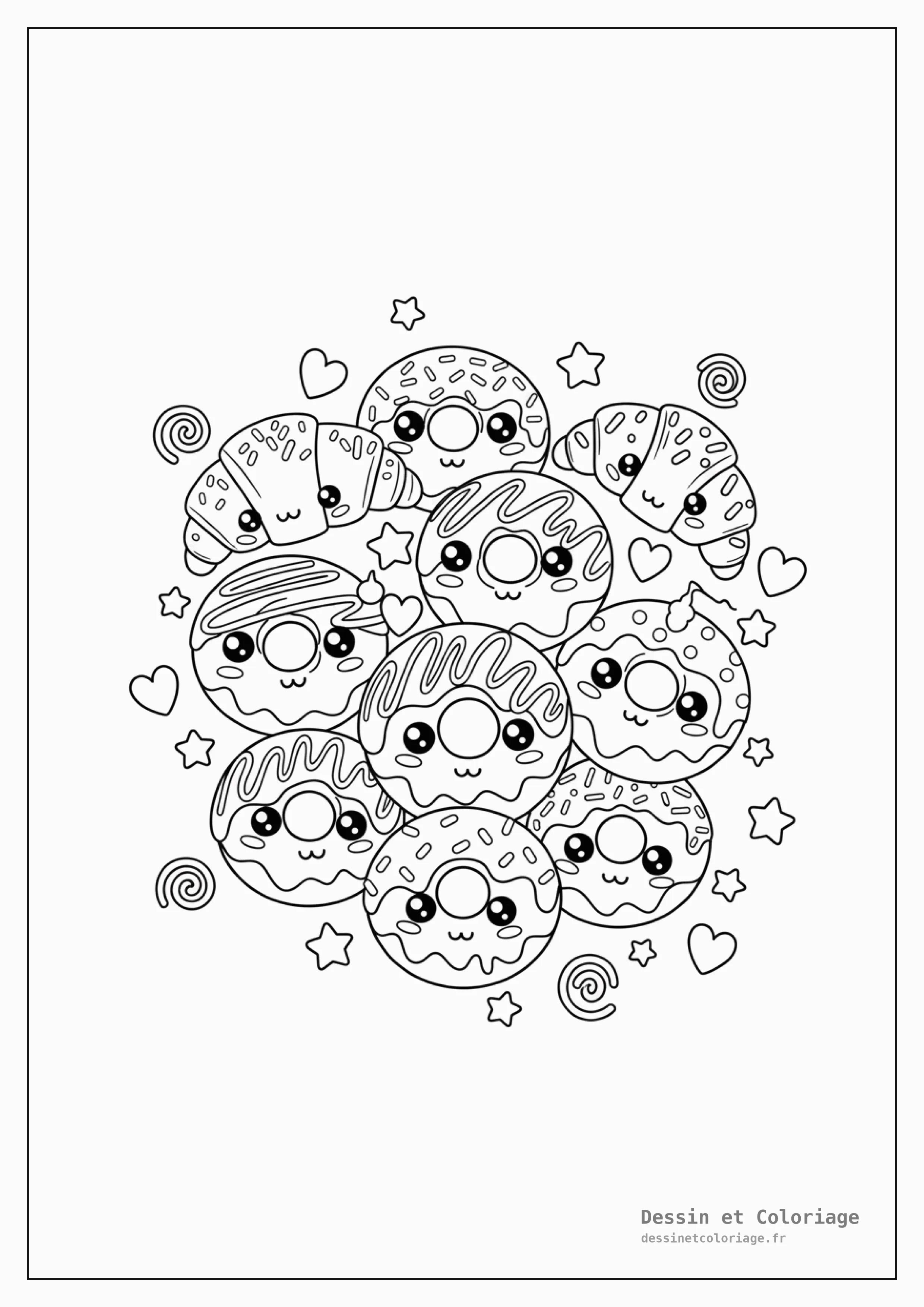 coloriage kawaii nourriture — Collection de donuts et croissants kawaii, avec des glaçages multicolores, des pépites et des yeux joyeux, flottant parmi des cœurs.
