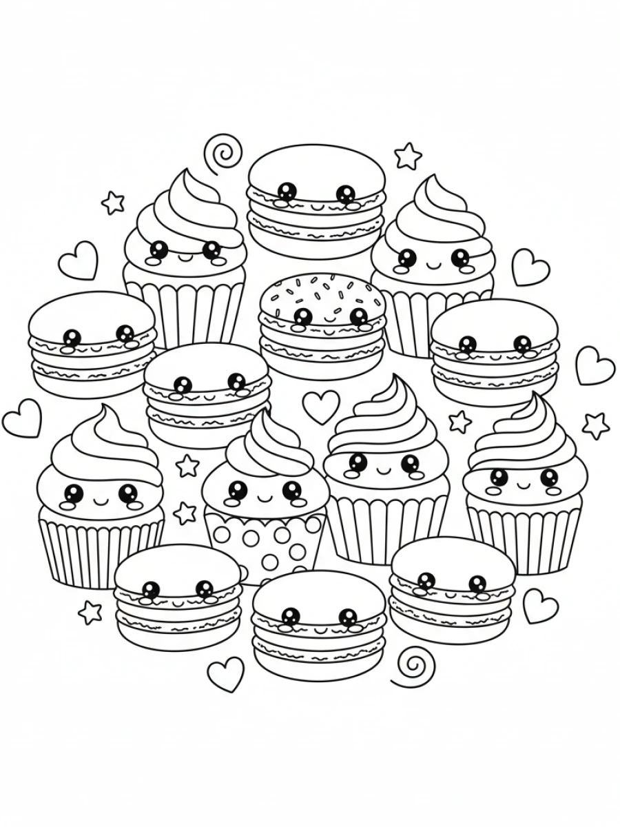 coloriage kawaii nourriture — Assortiment de macarons et cupcakes kawaii, décorés de glaçages, de cerises et de petites bougies, avec des expressions charmantes.