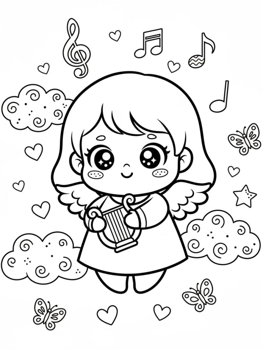 coloriage kawaii noël — Un ange kawaii avec de petites ailes jouant d'une minuscule harpe, entouré de nuages moelleux, de notes de musique et d'étoiles flottantes.