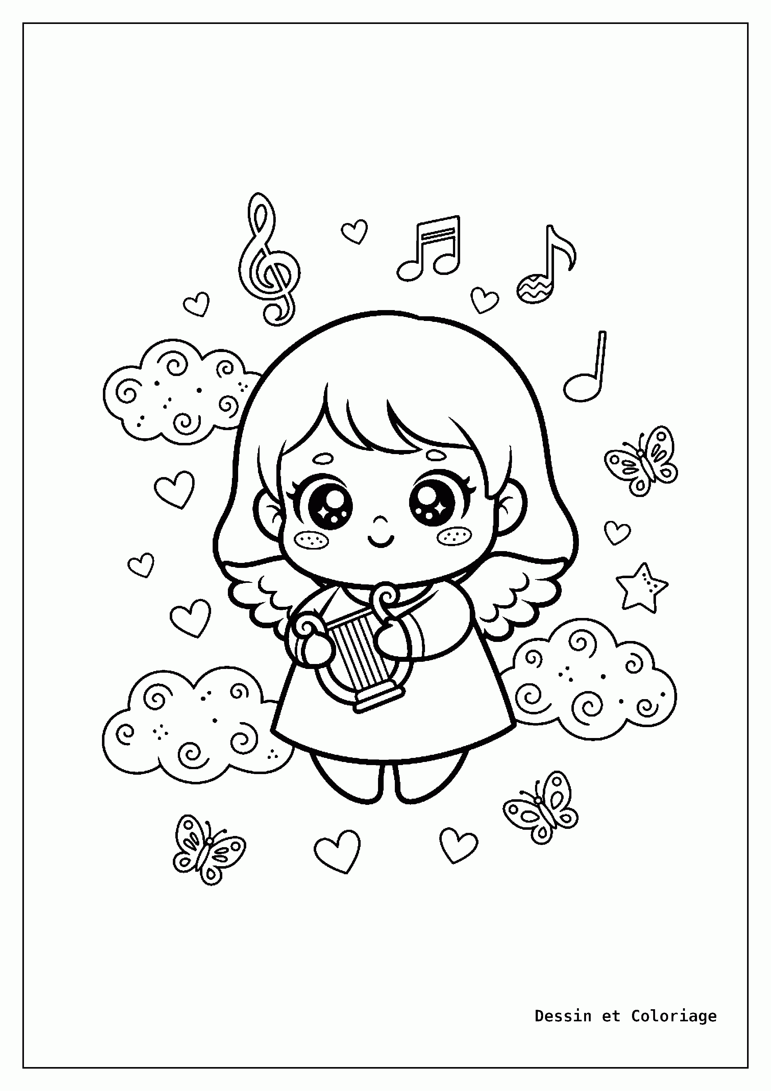 coloriage kawaii noël — Un ange kawaii avec de petites ailes jouant d'une minuscule harpe, entouré de nuages moelleux, de notes de musique et d'étoiles flottantes.