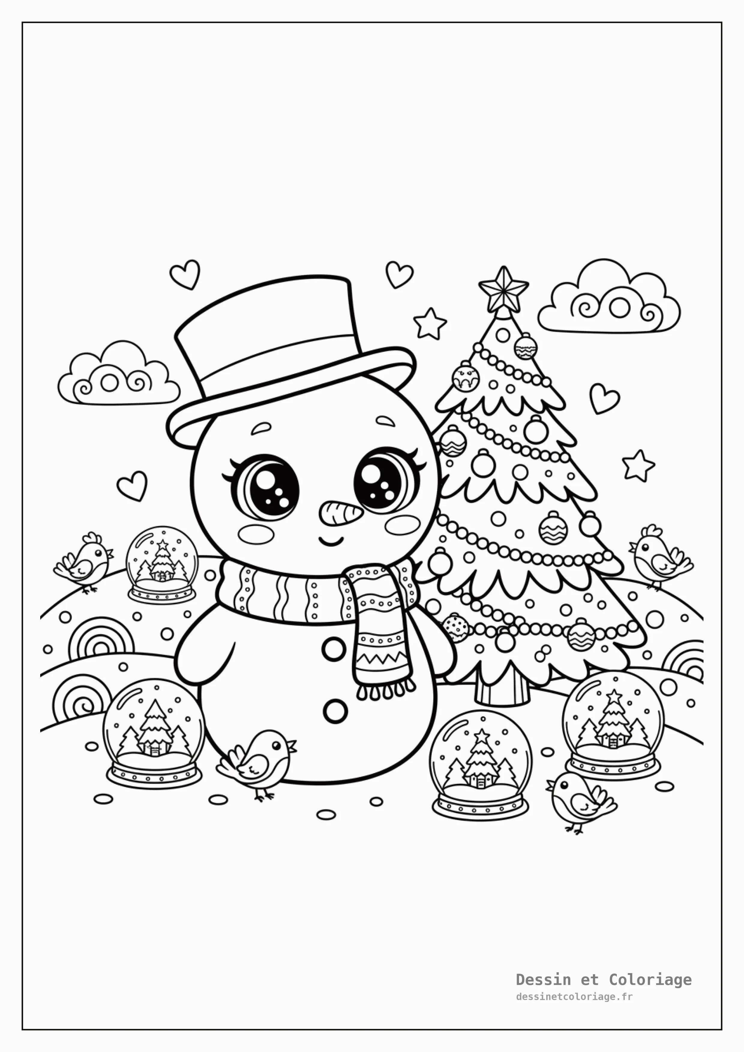 coloriage kawaii noël — Un bonhomme de neige kawaii avec un chapeau haut de forme et une écharpe, près d'un sapin décoré, entouré de boules de neige et d'oiseaux.