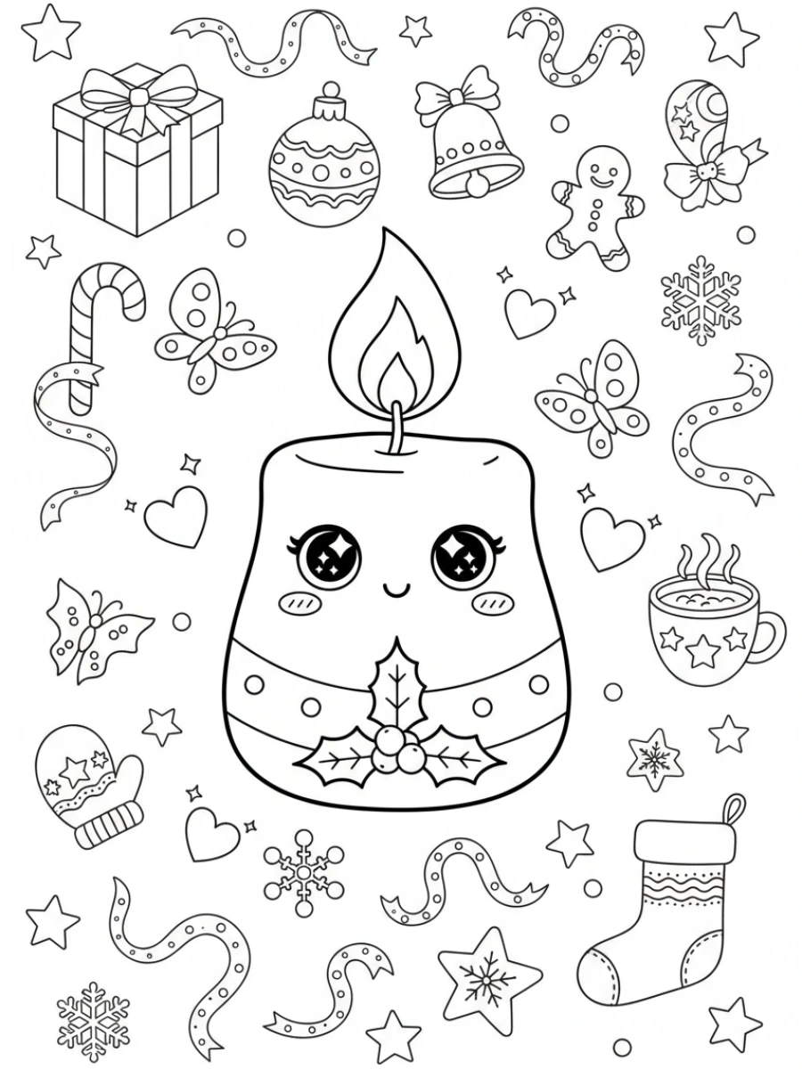 coloriage kawaii noël — Une bougie de Noël kawaii brûlant vivement, entourée de petites étoiles, de flocons de neige et de rubans flottants.