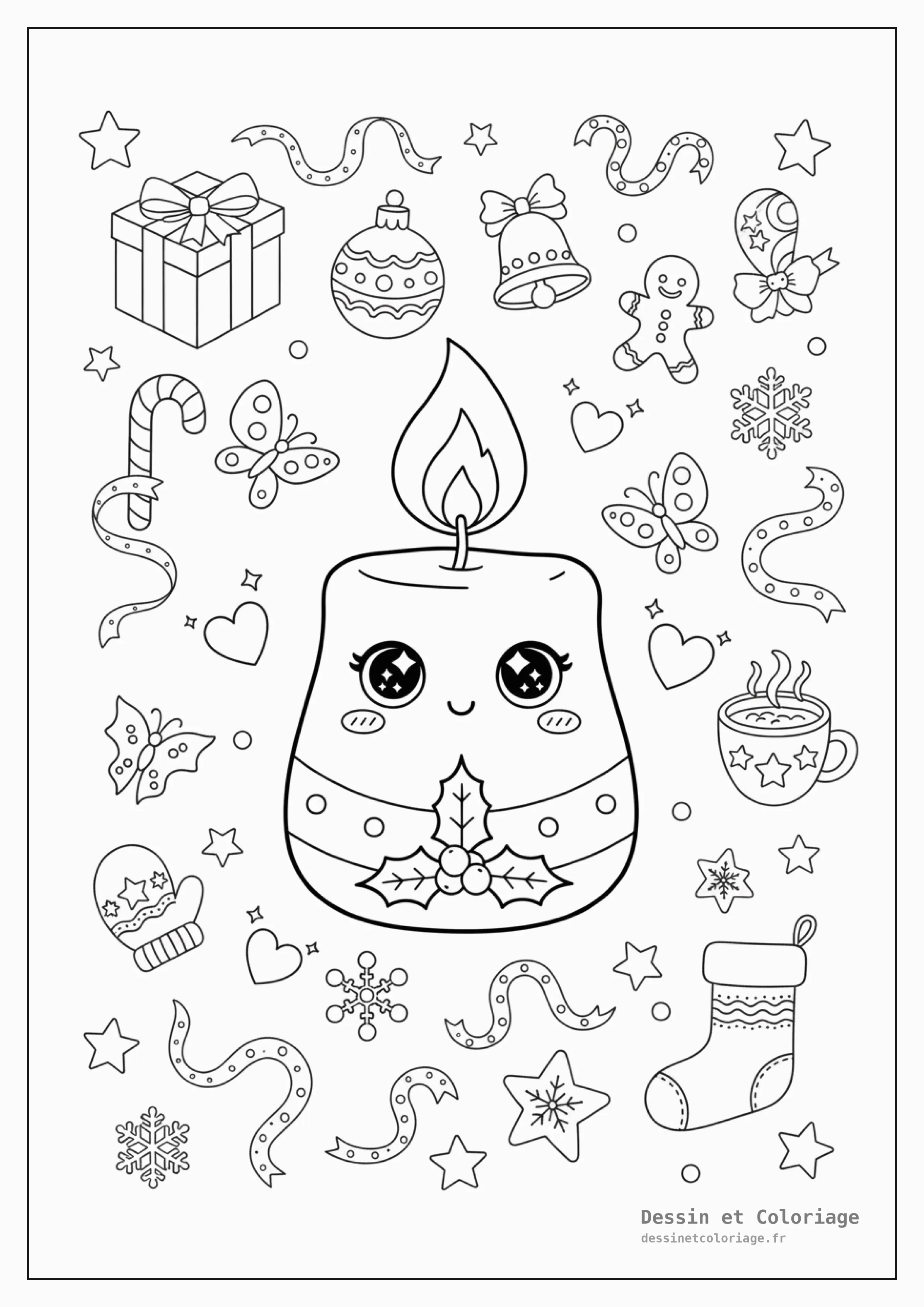 coloriage kawaii noël — Une bougie de Noël kawaii brûlant vivement, entourée de petites étoiles, de flocons de neige et de rubans flottants.