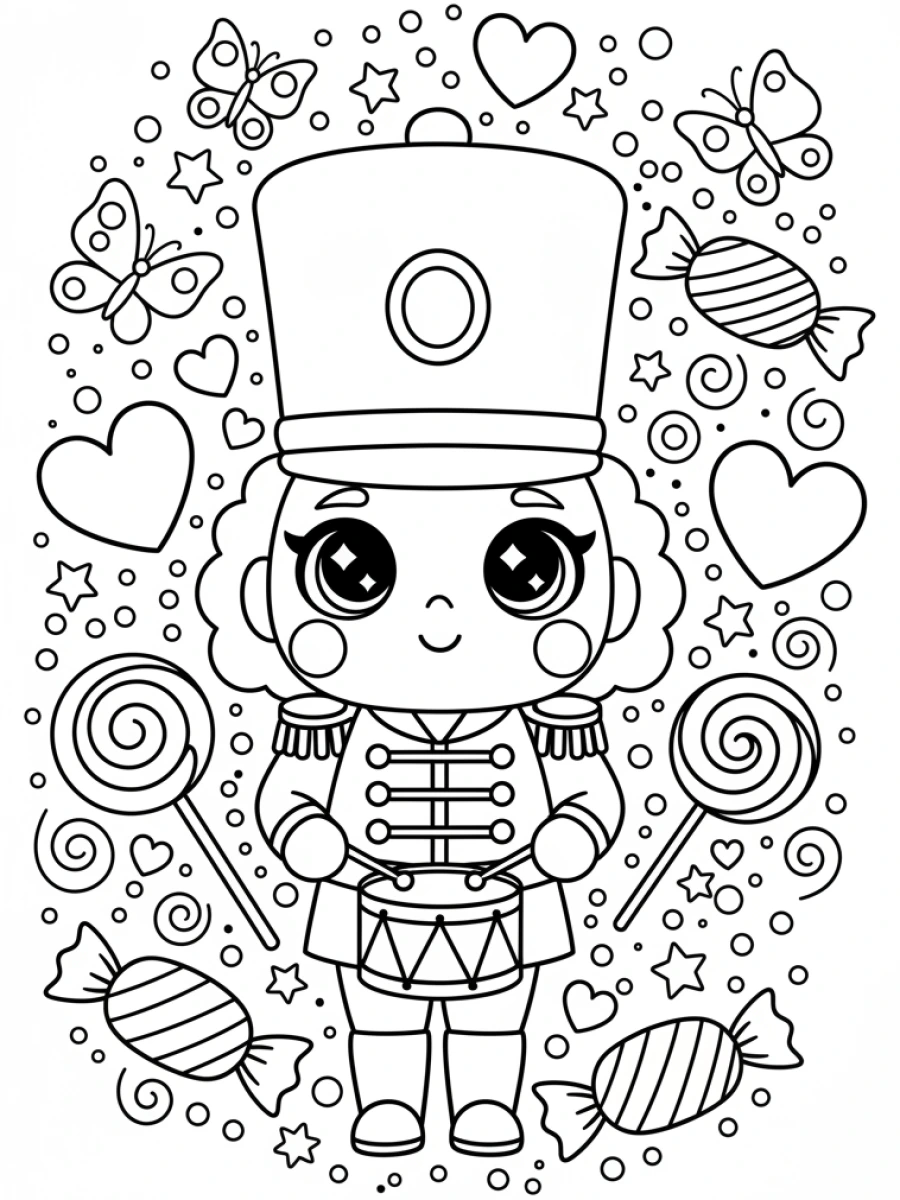 coloriage kawaii noël — Un soldat Casse-Noisette kawaii tenant un petit tambour, entouré de bonbons emballés, de sucettes et de notes de musique flottantes.