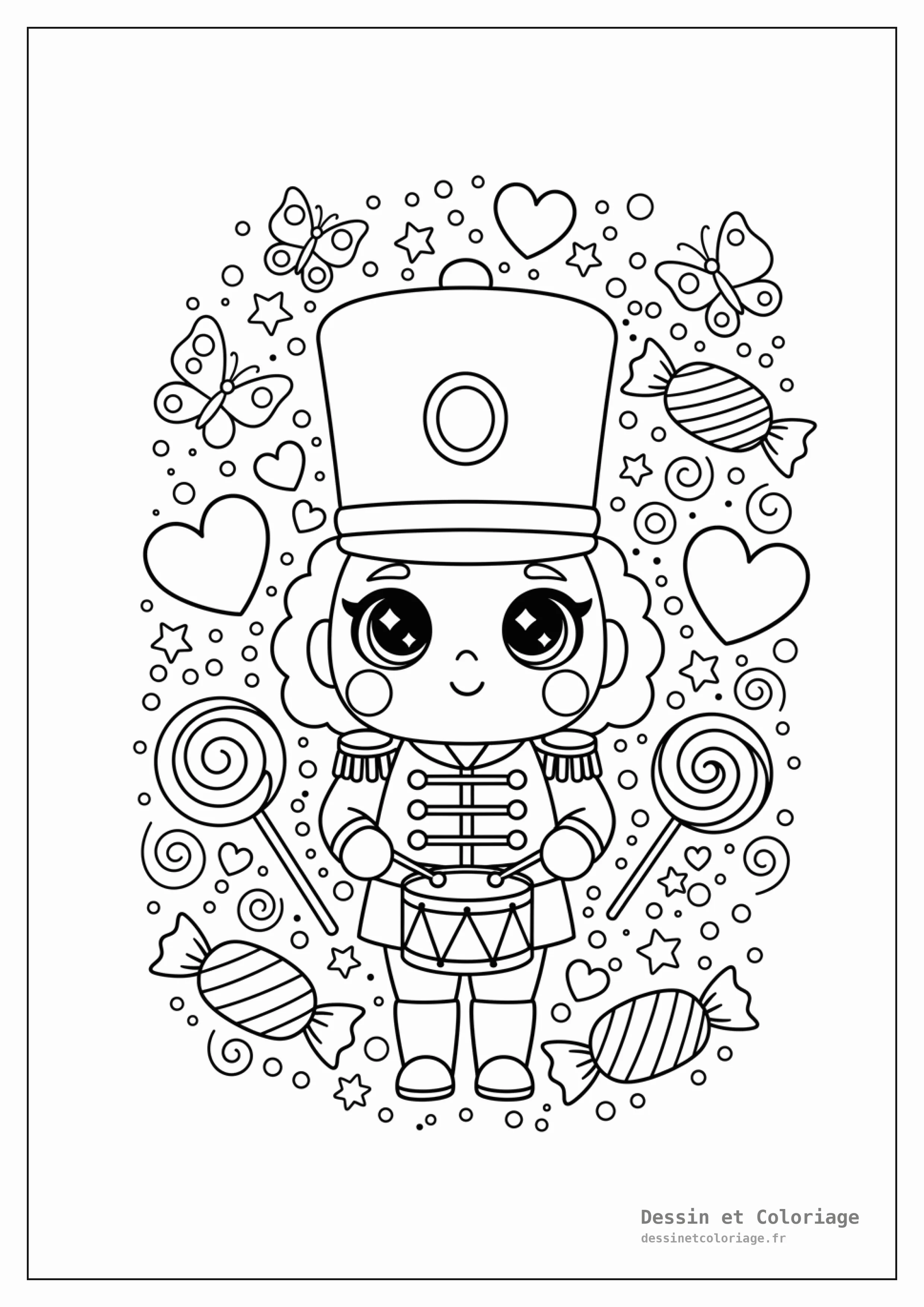 coloriage kawaii noël — Un soldat Casse-Noisette kawaii tenant un petit tambour, entouré de bonbons emballés, de sucettes et de notes de musique flottantes.