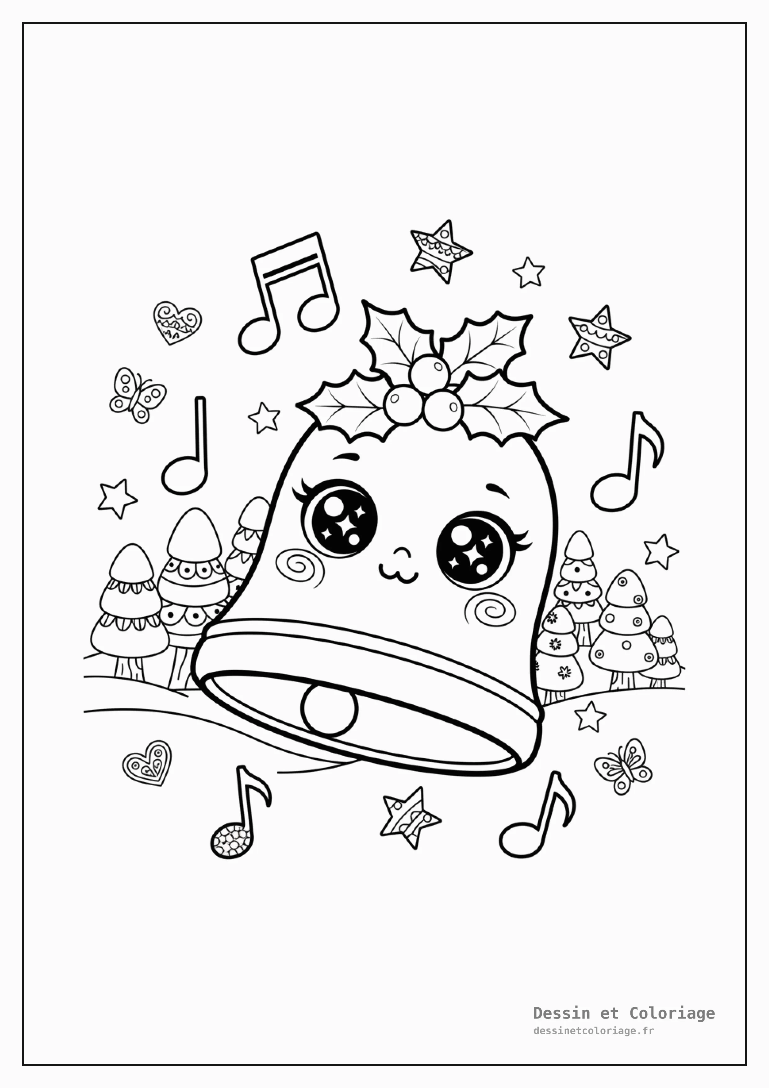 coloriage kawaii noël — Une cloche de Noël kawaii avec un visage souriant, ornée de feuilles de houx et de baies, entourée de notes de musique et d'étoiles.