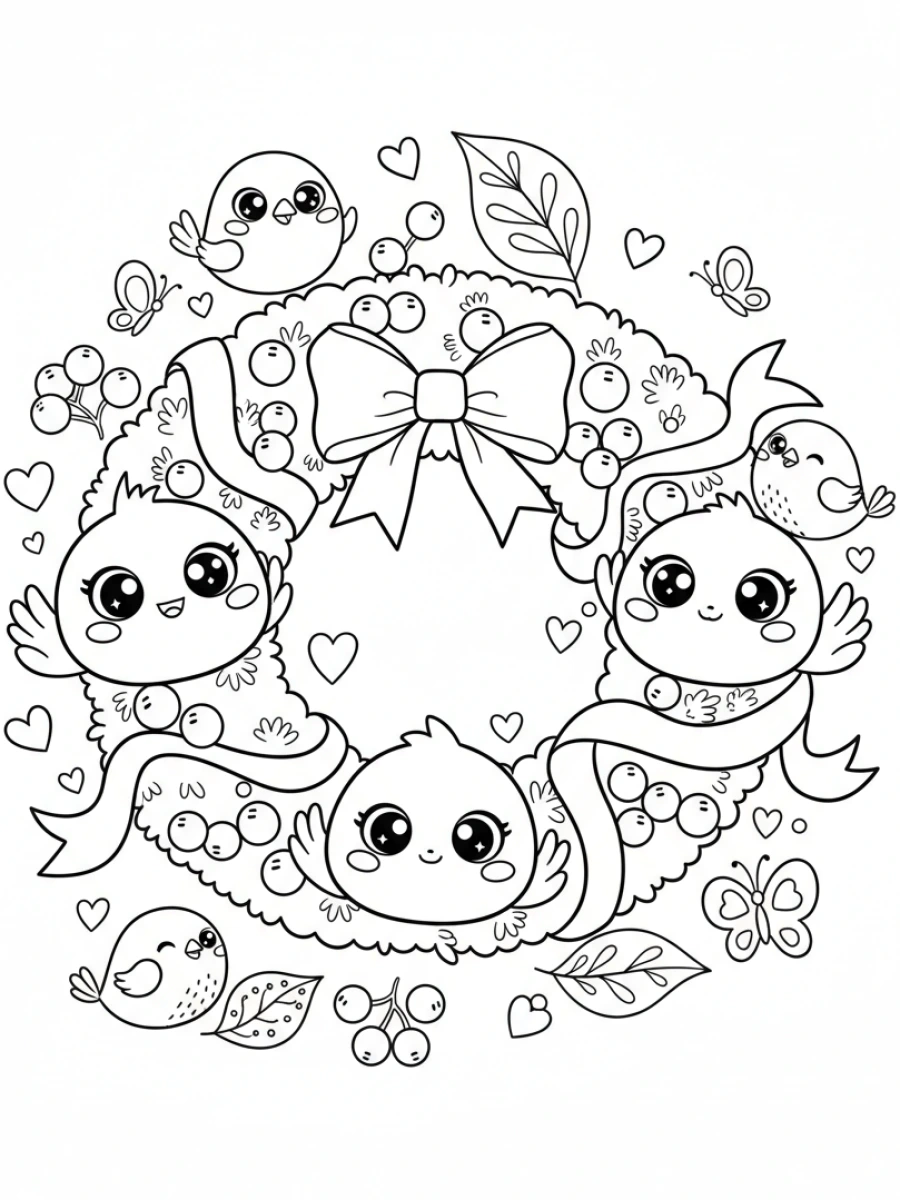 coloriage kawaii noël — Une couronne de Noël kawaii ornée de rubans et de baies souriantes, entourée de petits oiseaux, de feuilles et de gui flottant.