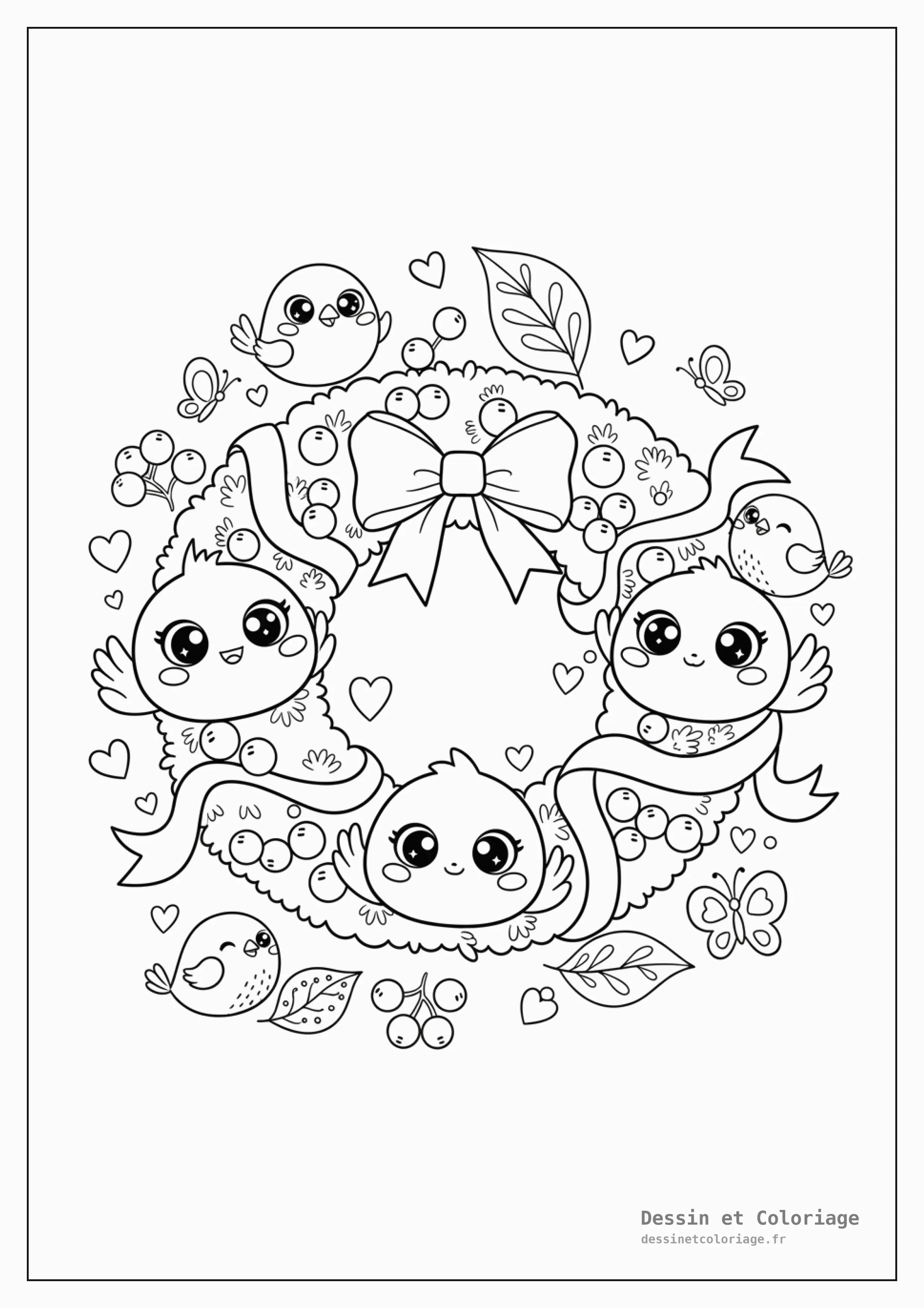 coloriage kawaii noël — Une couronne de Noël kawaii ornée de rubans et de baies souriantes, entourée de petits oiseaux, de feuilles et de gui flottant.