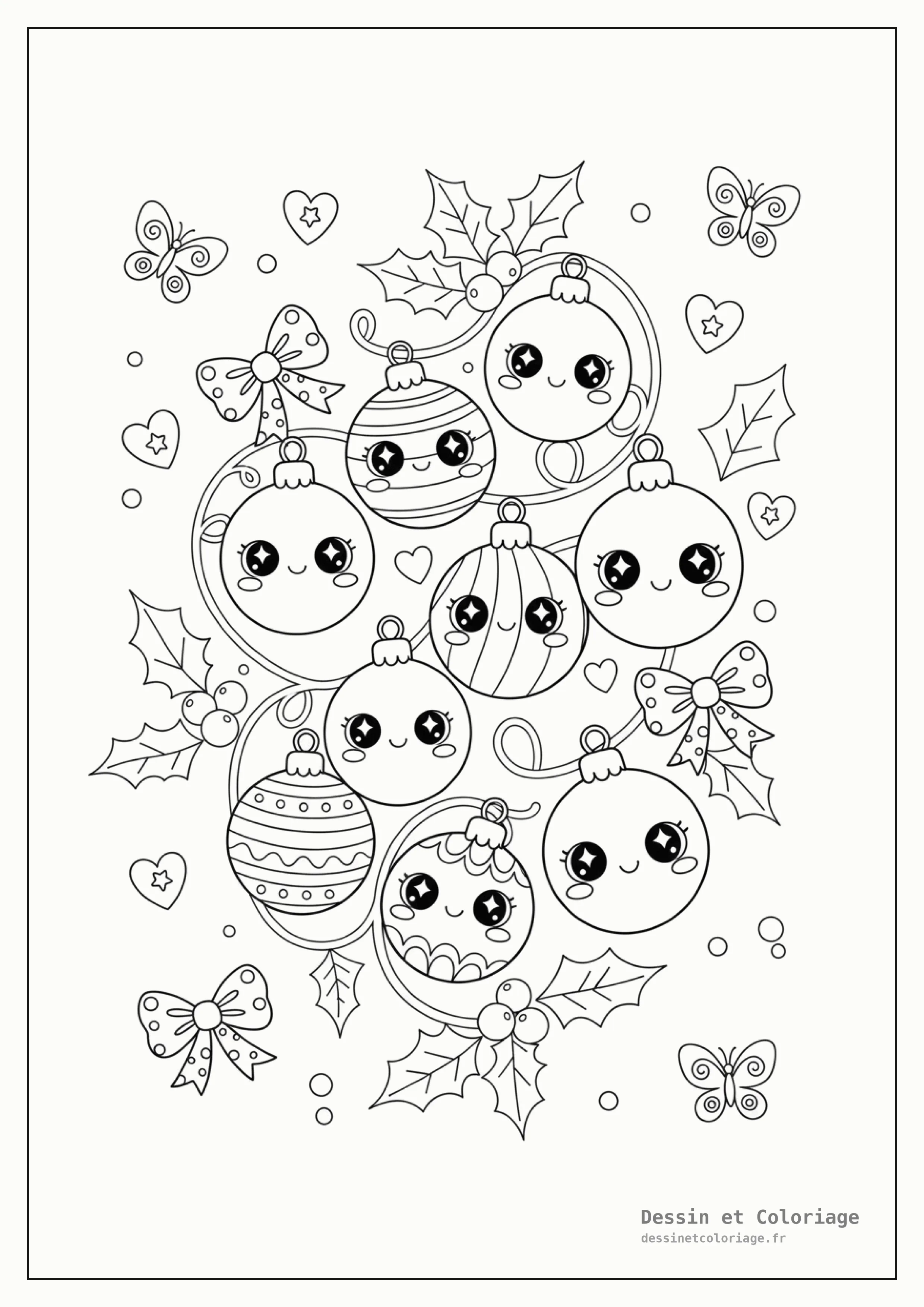 coloriage kawaii noël — Une guirlande de Noël kawaii avec des lumières et des boules souriantes, entourée de feuilles de houx, de baies et de nœuds flottants.