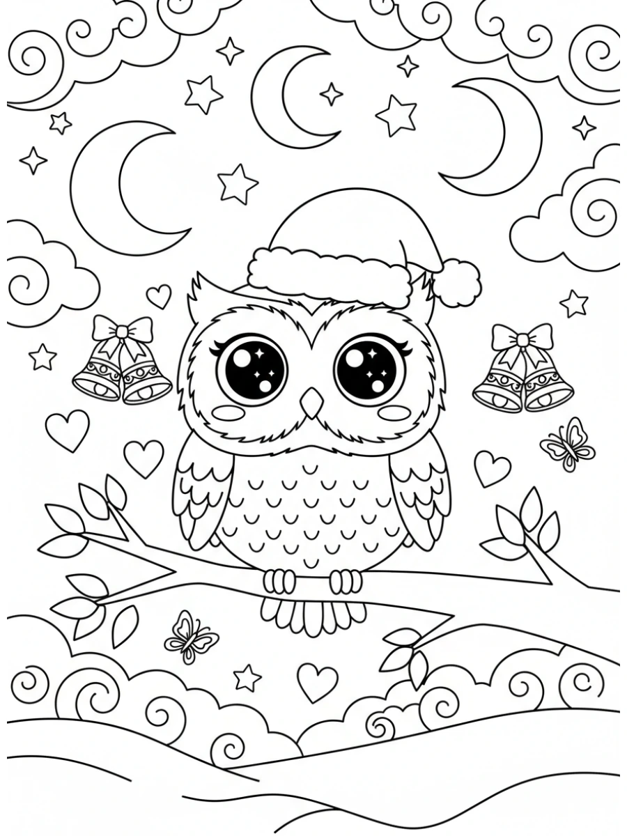 Coloriage Hibou kawaii de Noël