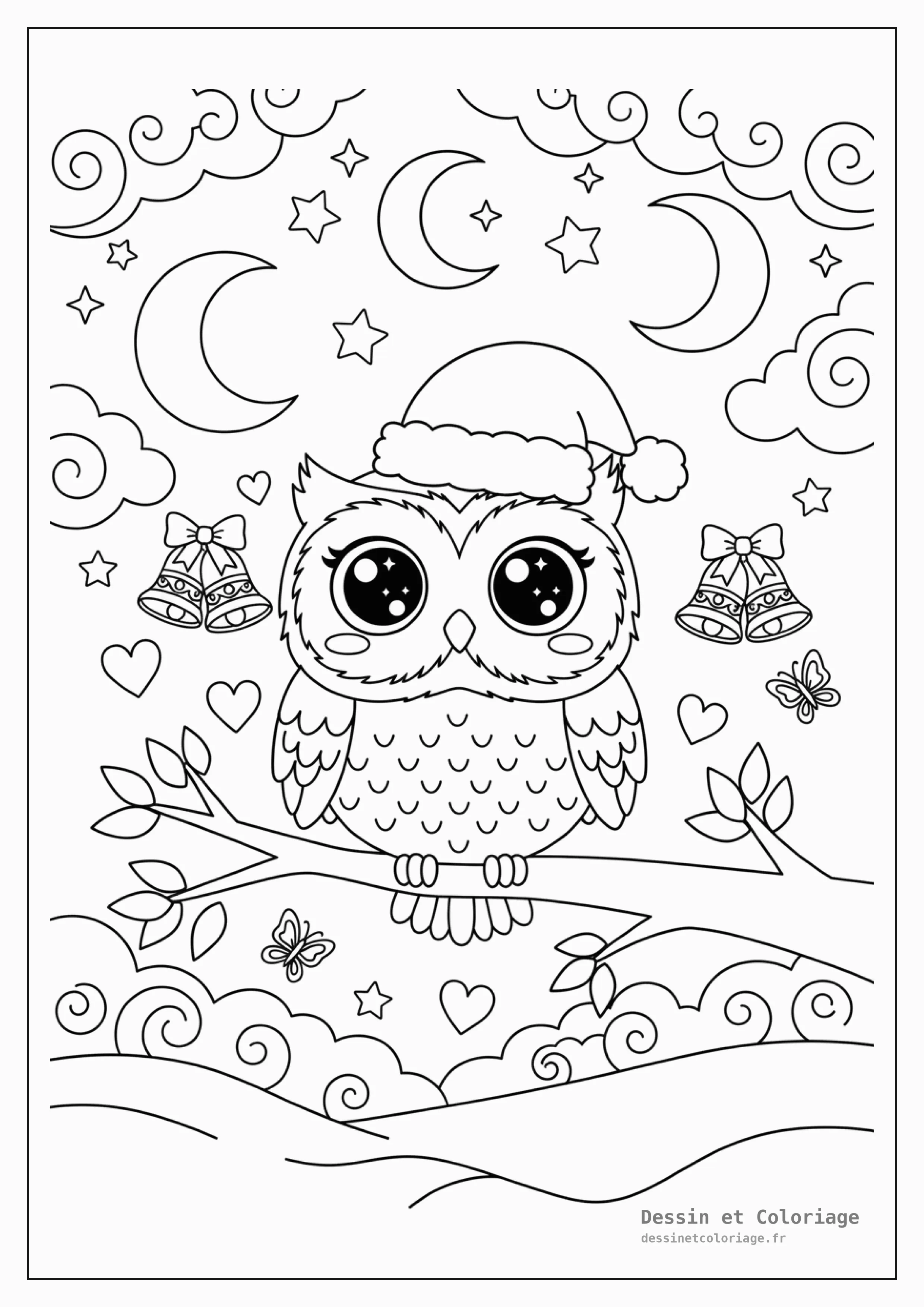 coloriage kawaii noël — Un hibou kawaii coiffé d'un minuscule chapeau de Noël, perché sur une branche, entouré de lunes, d'étoiles et de clochettes flottantes.