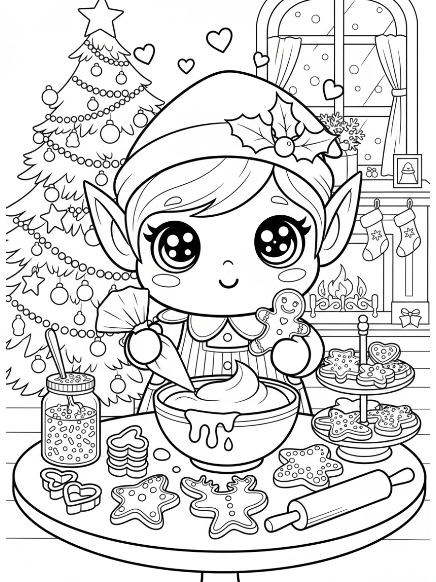 coloriage kawaii noël — Un lutin kawaii décorant des biscuits en pain d'épices, entouré d'ustensiles de pâtisserie, de vermicelles et de cœurs flottants.