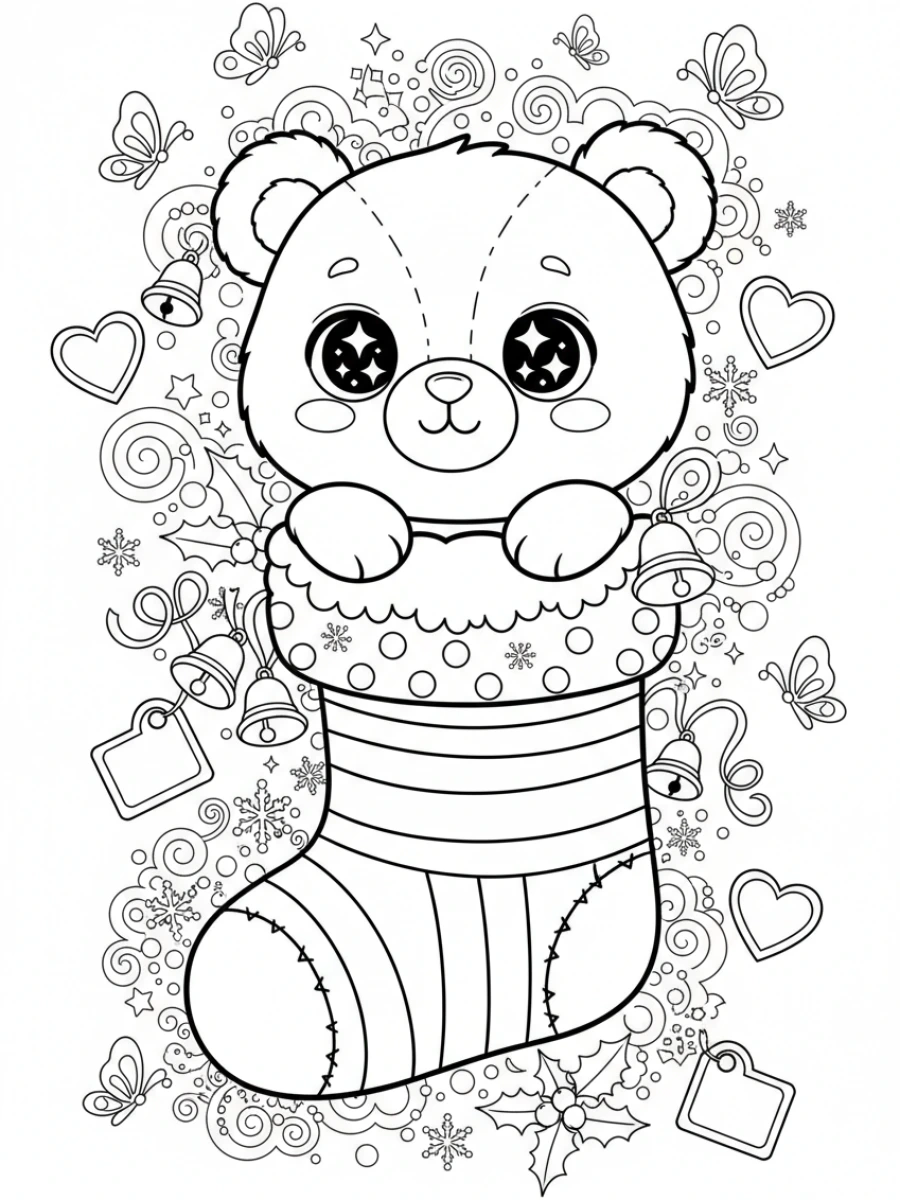 coloriage kawaii noël — Un ourson en peluche kawaii sortant d'une chaussette de Noël, entouré de petites clochettes, de houx et d'étiquettes cadeaux.