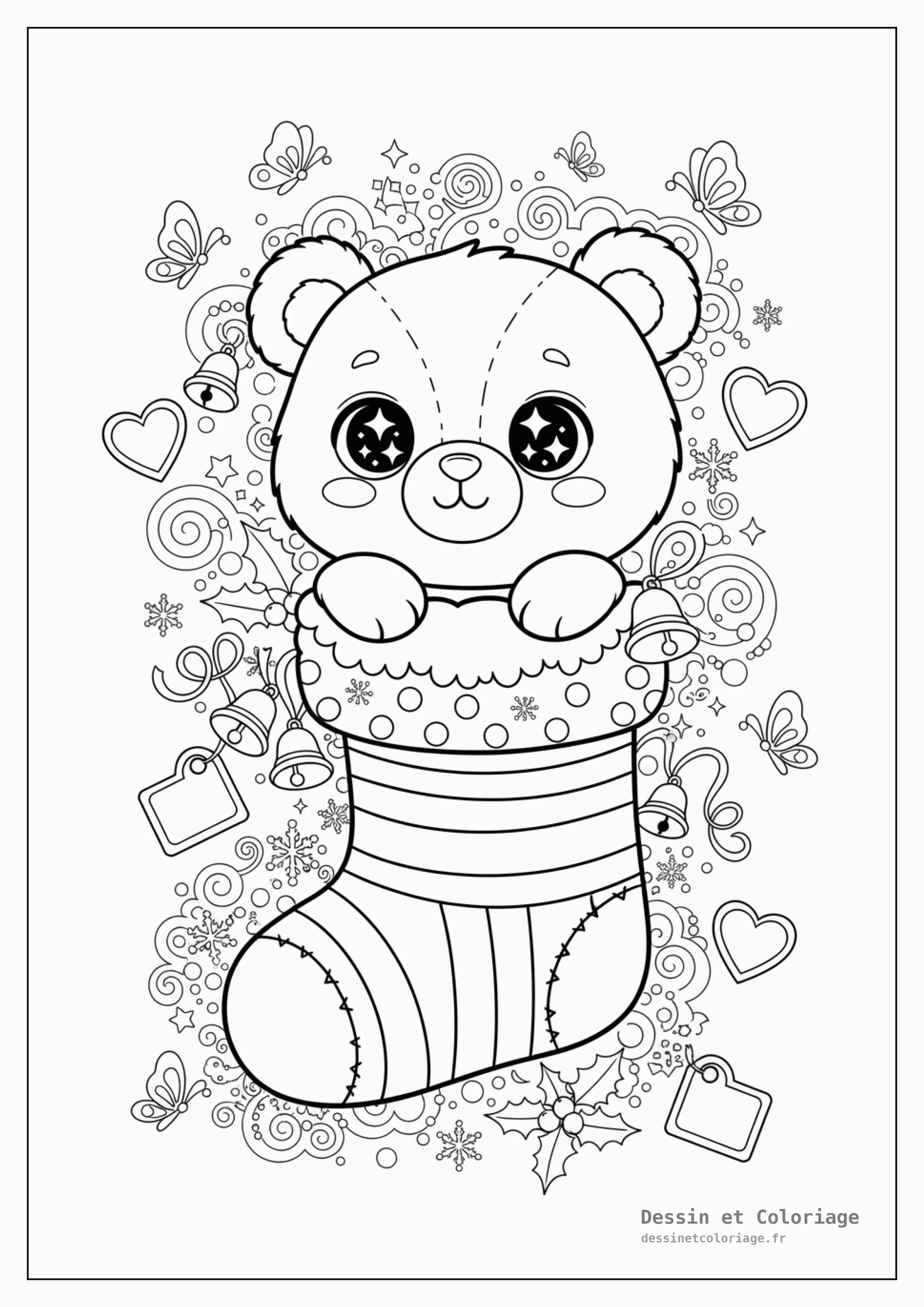 coloriage kawaii noël — Un ourson en peluche kawaii sortant d'une chaussette de Noël, entouré de petites clochettes, de houx et d'étiquettes cadeaux.