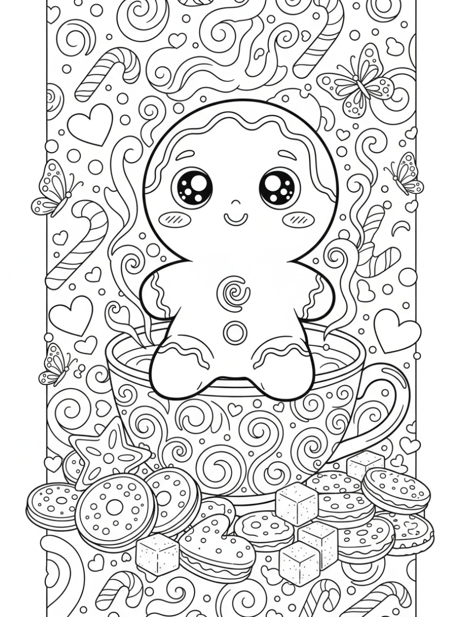 Coloriage Pain d'épices kawaii et thé