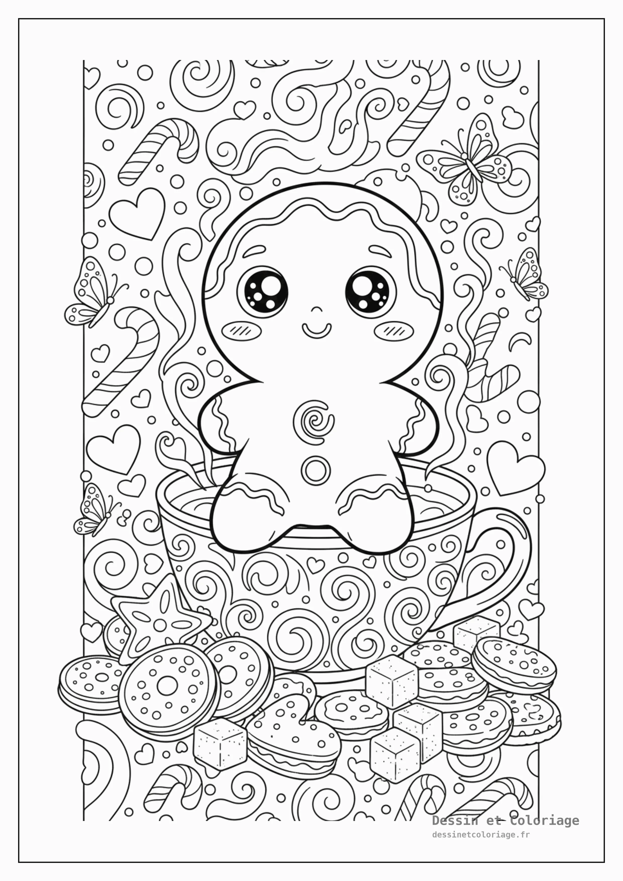 coloriage kawaii noël — Un bonhomme en pain d'épices kawaii assis dans une tasse de thé, entouré de biscuits, de sucres et de vapeur flottante.