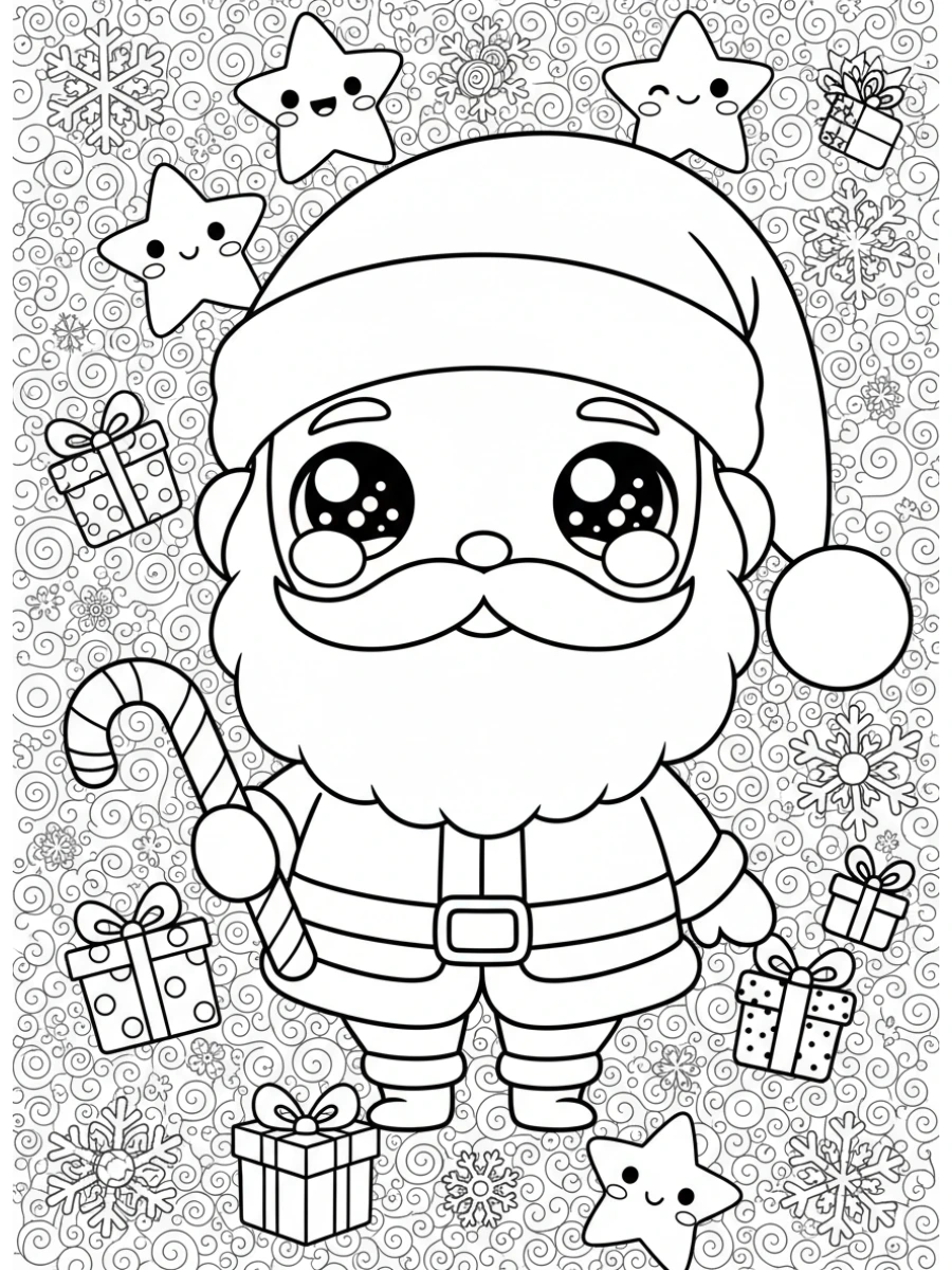coloriage kawaii noël — Un Père Noël kawaii dodu tenant une canne à sucre, entouré d'étoiles souriantes, de petits cadeaux et de flocons de neige.