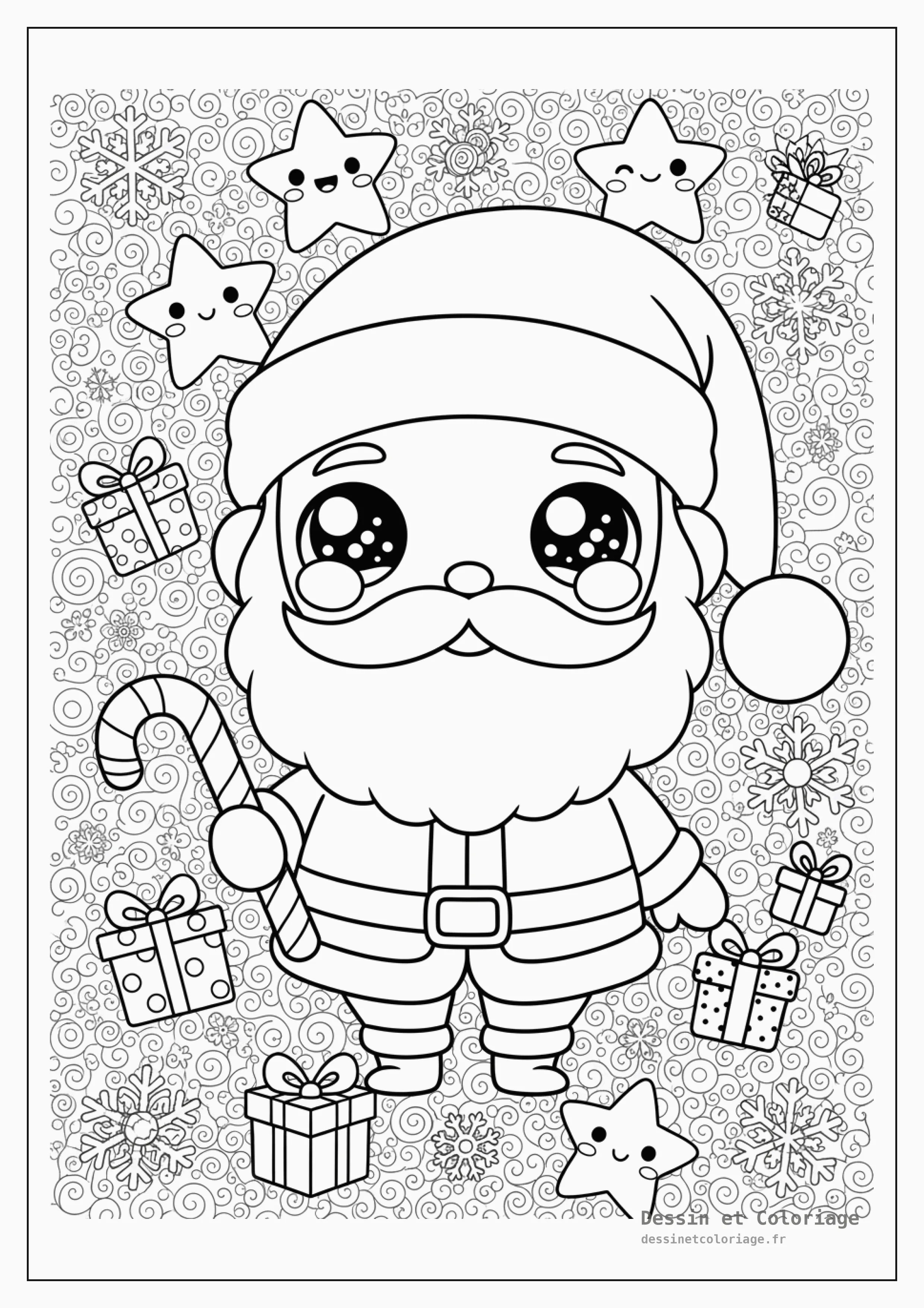 coloriage kawaii noël — Un Père Noël kawaii dodu tenant une canne à sucre, entouré d'étoiles souriantes, de petits cadeaux et de flocons de neige.